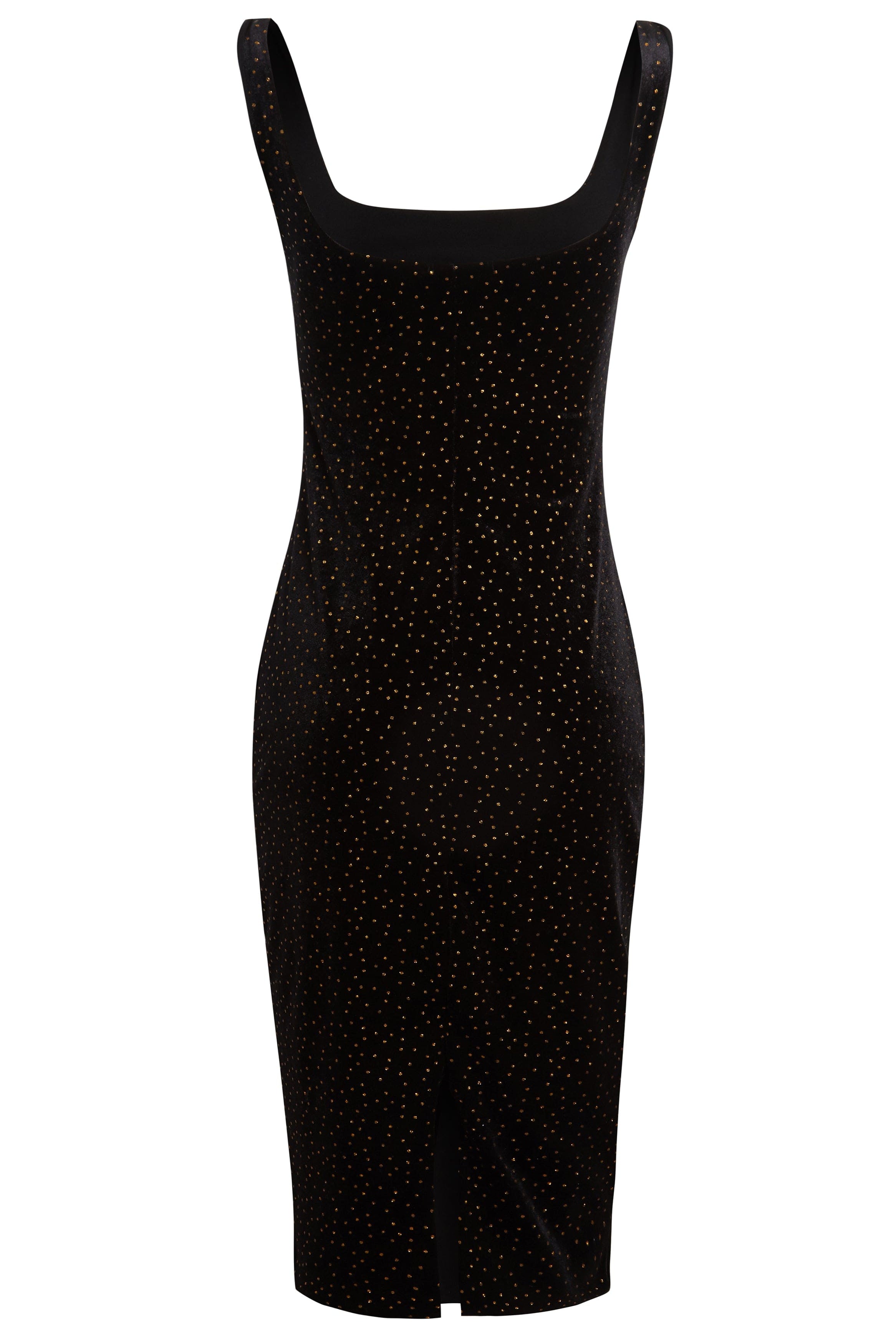 The Black Polka Dot Dress by Sarvin is a sleeveless, knee-length velvet dress featuring a square neckline, polka dots, and a small front hem vent—an elegant pick for any wedding guest.