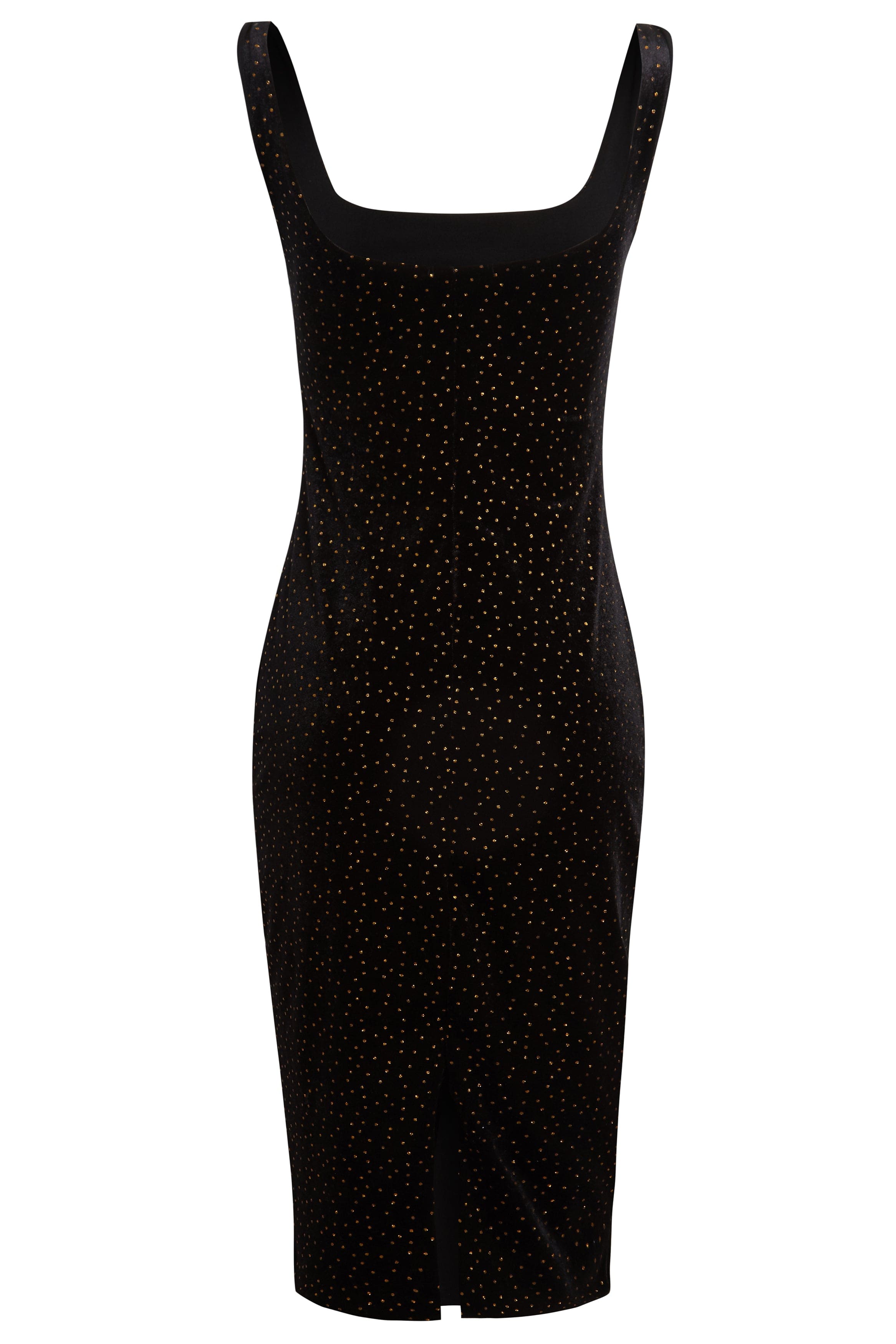 The Black Polka Dot Dress by Sarvin is a sleeveless, knee-length velvet dress featuring a square neckline, polka dots, and a small front hem vent—an elegant pick for any wedding guest.