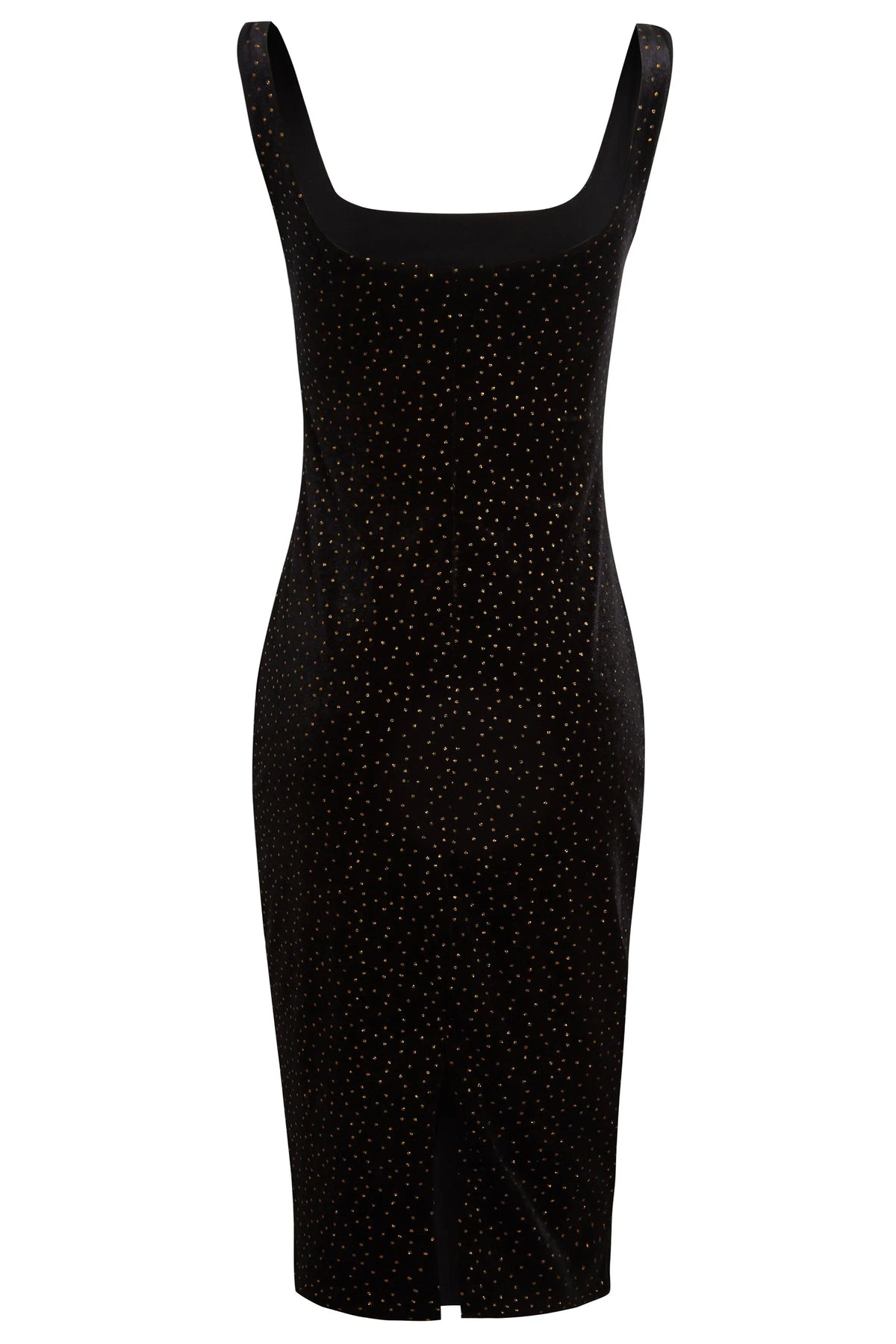 The Black Polka Dot Dress by Sarvin is a sleeveless, knee-length velvet dress featuring a square neckline, polka dots, and a small front hem vent—an elegant pick for any wedding guest.
