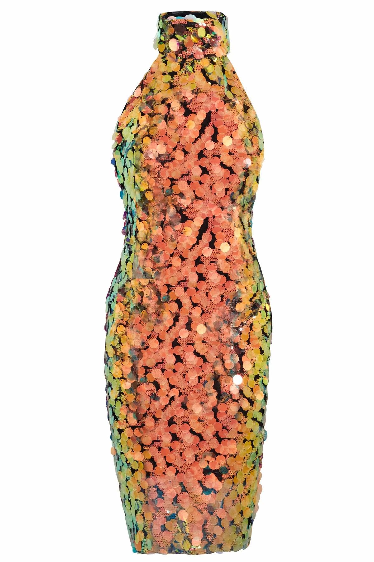 The Sarvin High Neck Backless Sequin Mini Dress is a sleeveless, halter-neck mini with a fitted silhouette, adorned with large orange, yellow, and green sequins. Eye-catching high neckline style that extends to knee length.