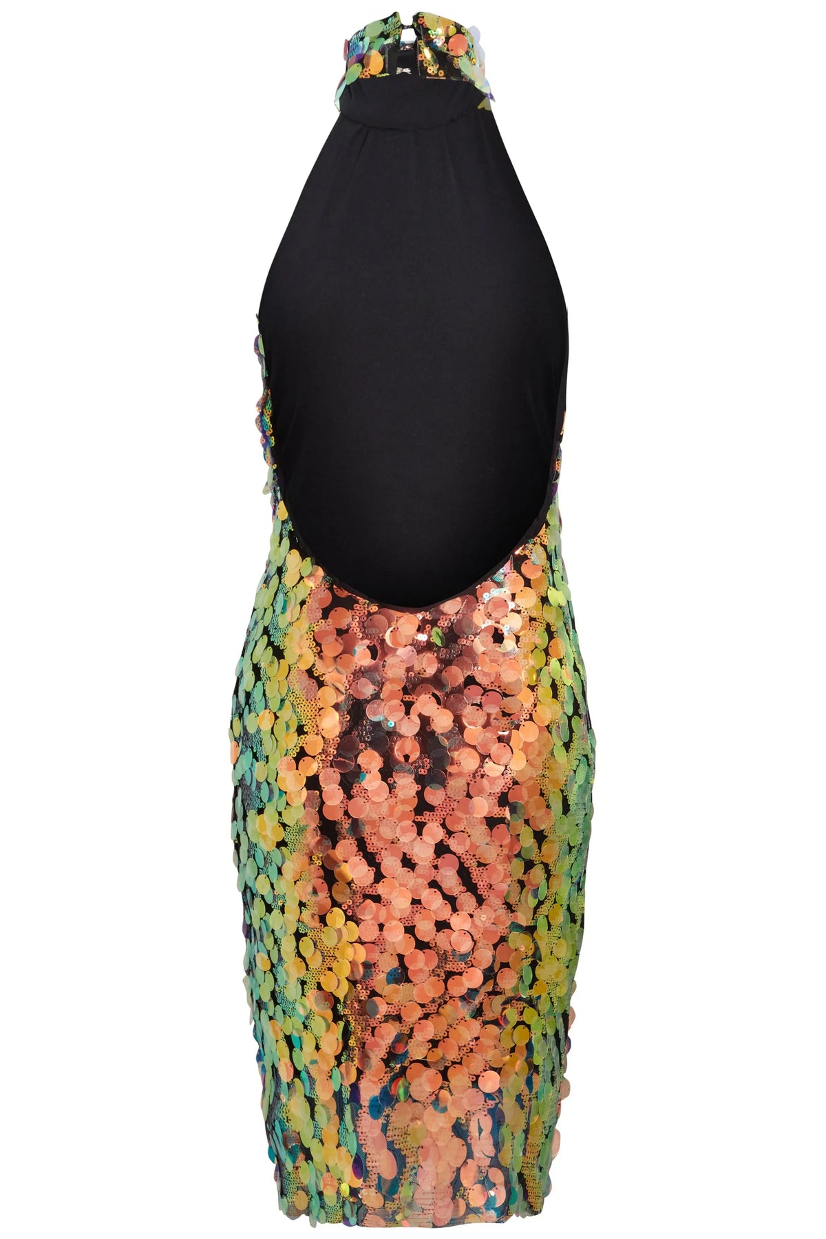 Stand out in the Sarvin High Neck Backless Sequin Mini Dress, a dazzling mini with black halter neckline and open back. Its bold gold, orange, and green sequins make this party dress truly eye-catching.