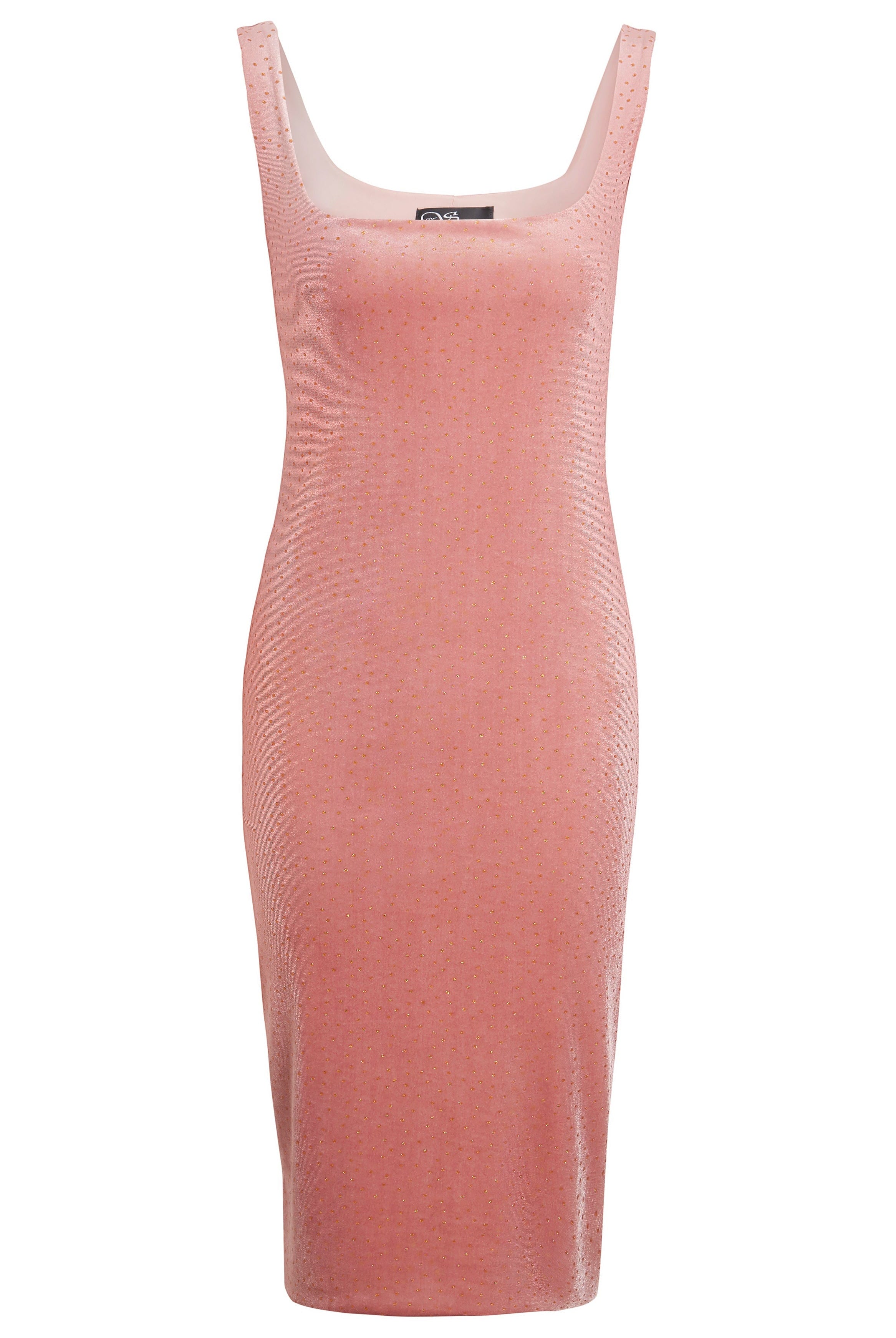 The Sarvin Pink Velvet Polka Dot Dress is a sleeveless, fitted cocktail dress with a scoop neckline and subtle shimmer, perfect for elegant evenings, shown against a plain white background.