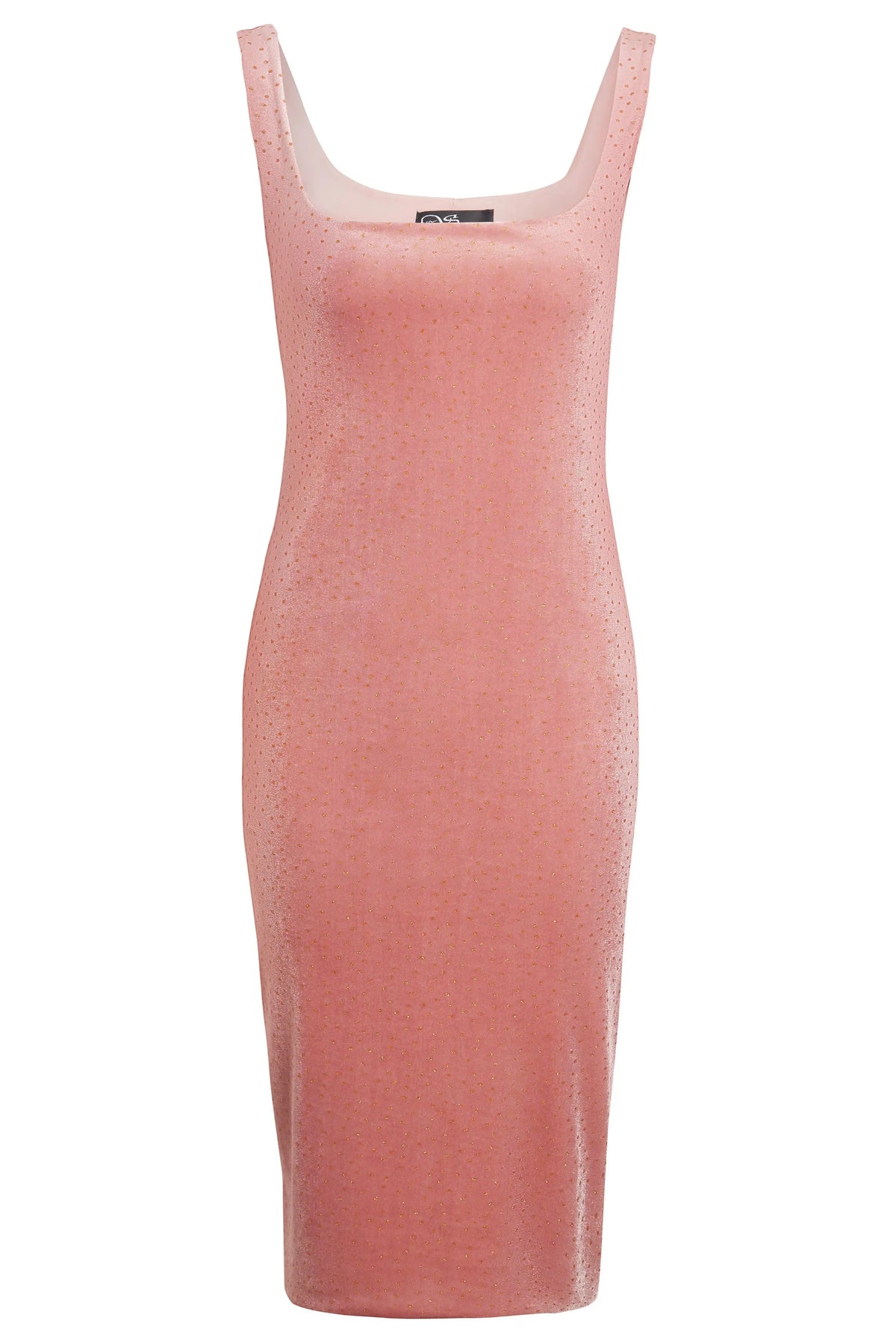 The Sarvin Pink Velvet Polka Dot Dress is a sleeveless, fitted cocktail dress with a scoop neckline and subtle shimmer, perfect for elegant evenings, shown against a plain white background.