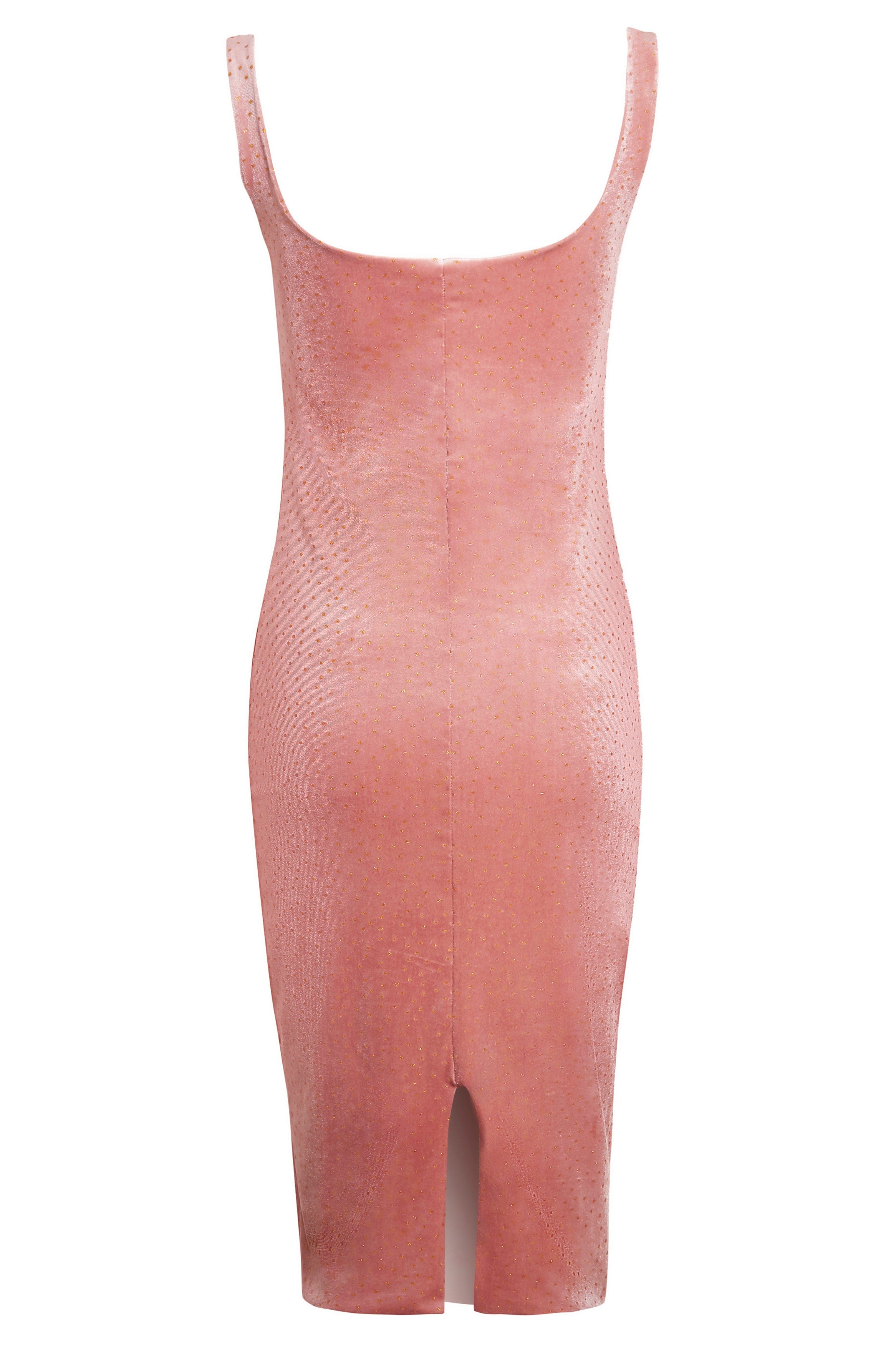 The Sarvin Pink Velvet Polka Dot Dress is shown from the back, sleeveless and knee-length with a scoop neckline, subtle sparkle embellishments, polka dot texture, and a small center slit at the hem.