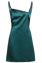 The Sarvin Emerald Green Mini Dress features an asymmetrical neckline, thick straps, and a slightly draped silk satin front with a smooth, shiny texture. Displayed on a plain white background.