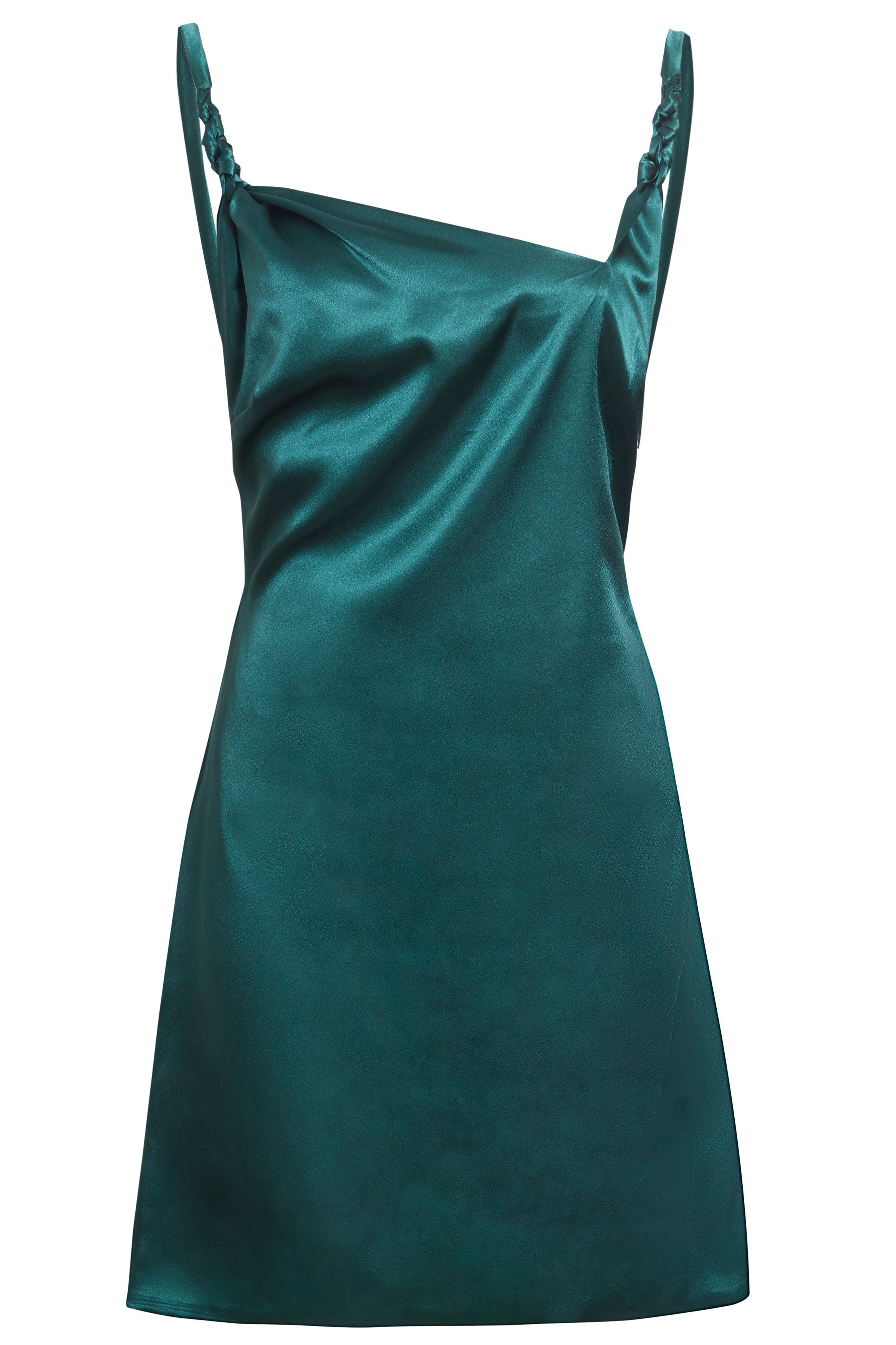The Sarvin Emerald Green Mini Dress features an asymmetrical neckline, thick straps, and a slightly draped silk satin front with a smooth, shiny texture. Displayed on a plain white background.