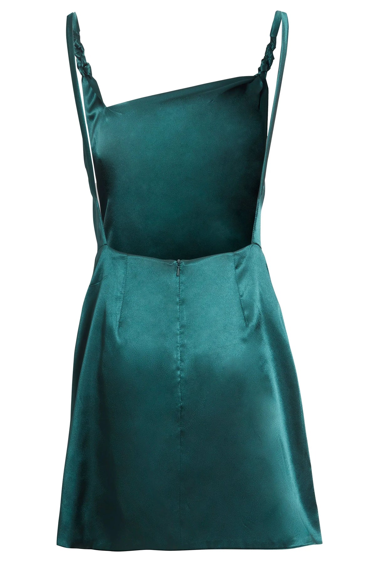 The Sarvin Emerald Green Silk Satin Backless Mini Dress features an asymmetrical neckline, braided straps, fitted waist, shiny texture, and side zipper for an elegant look.