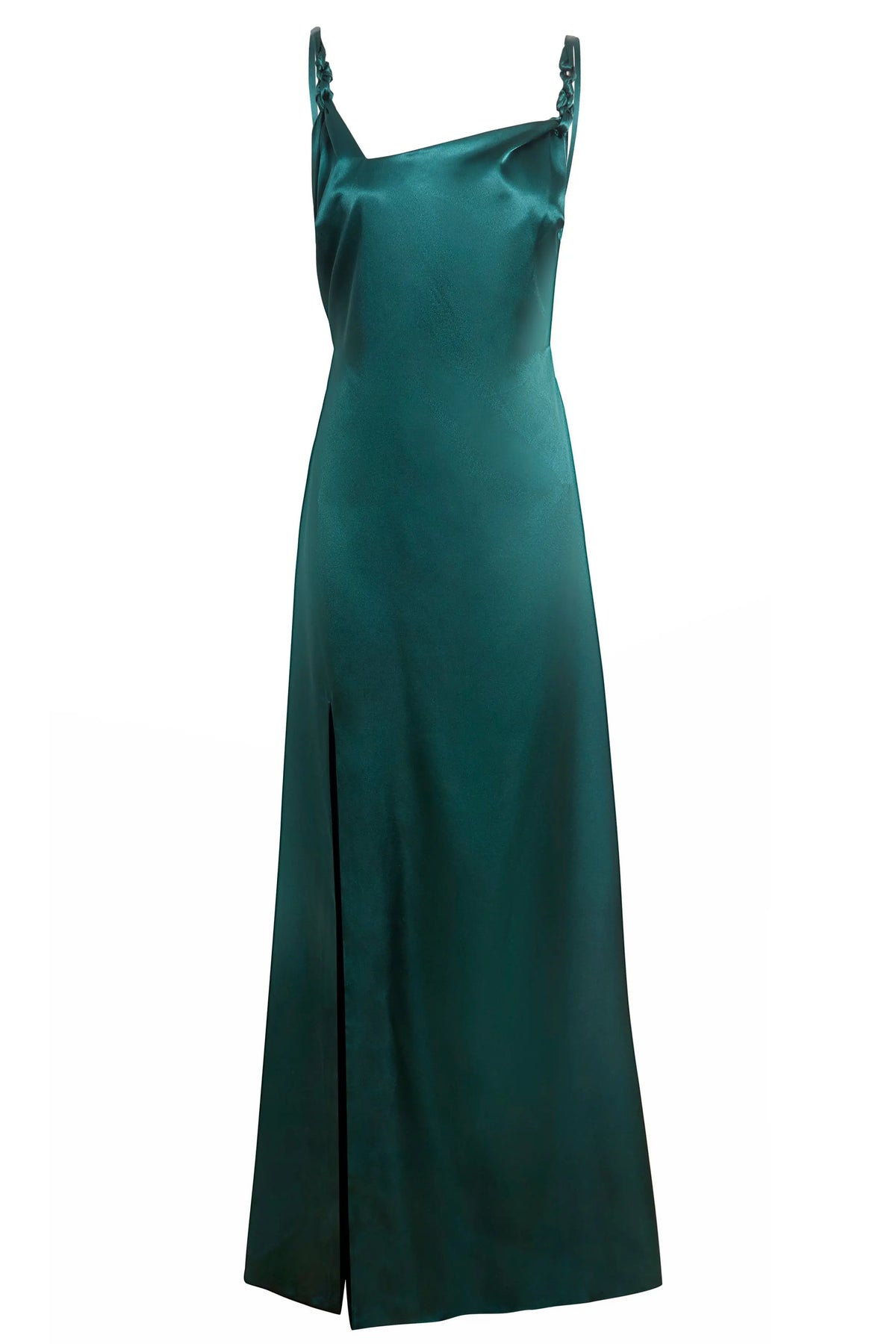 The Sarvin Emerald Green Maxi Dress features a sleeveless satin design with a straight neckline, high side slit, and decorative knots on the straps—an elegant black-tie look shown against a plain white background.