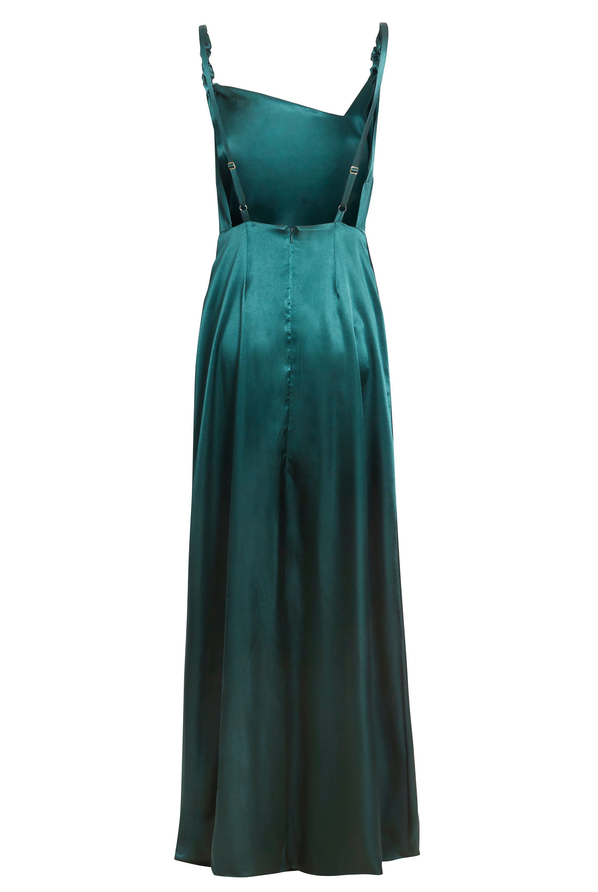 An Emerald Green Maxi Dress by Sarvin with wide legs, adjustable shoulder straps, and a slightly asymmetrical neckline evokes black-tie elegance, displayed on a white background.