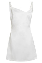The Sarvin A-Line Mini Slip Dress is a sleeveless, ivory satin mini dress with a straight neckline, gathered straps, and subtle draping on the bodice for an effortlessly chic, minimalist look.
