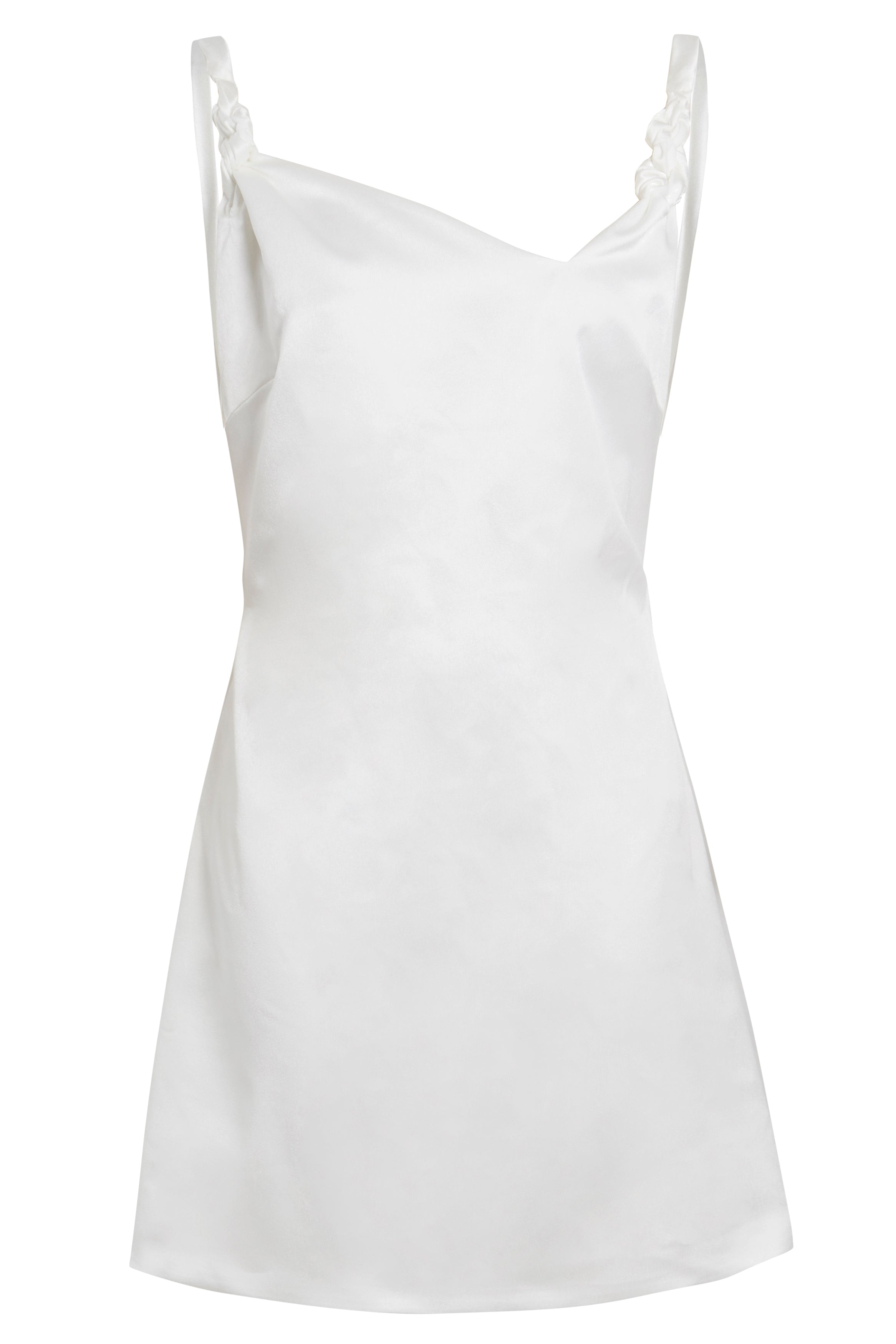 The Sarvin A-Line Mini Slip Dress is a sleeveless, ivory satin mini dress with a straight neckline, gathered straps, and subtle draping on the bodice for an effortlessly chic, minimalist look.