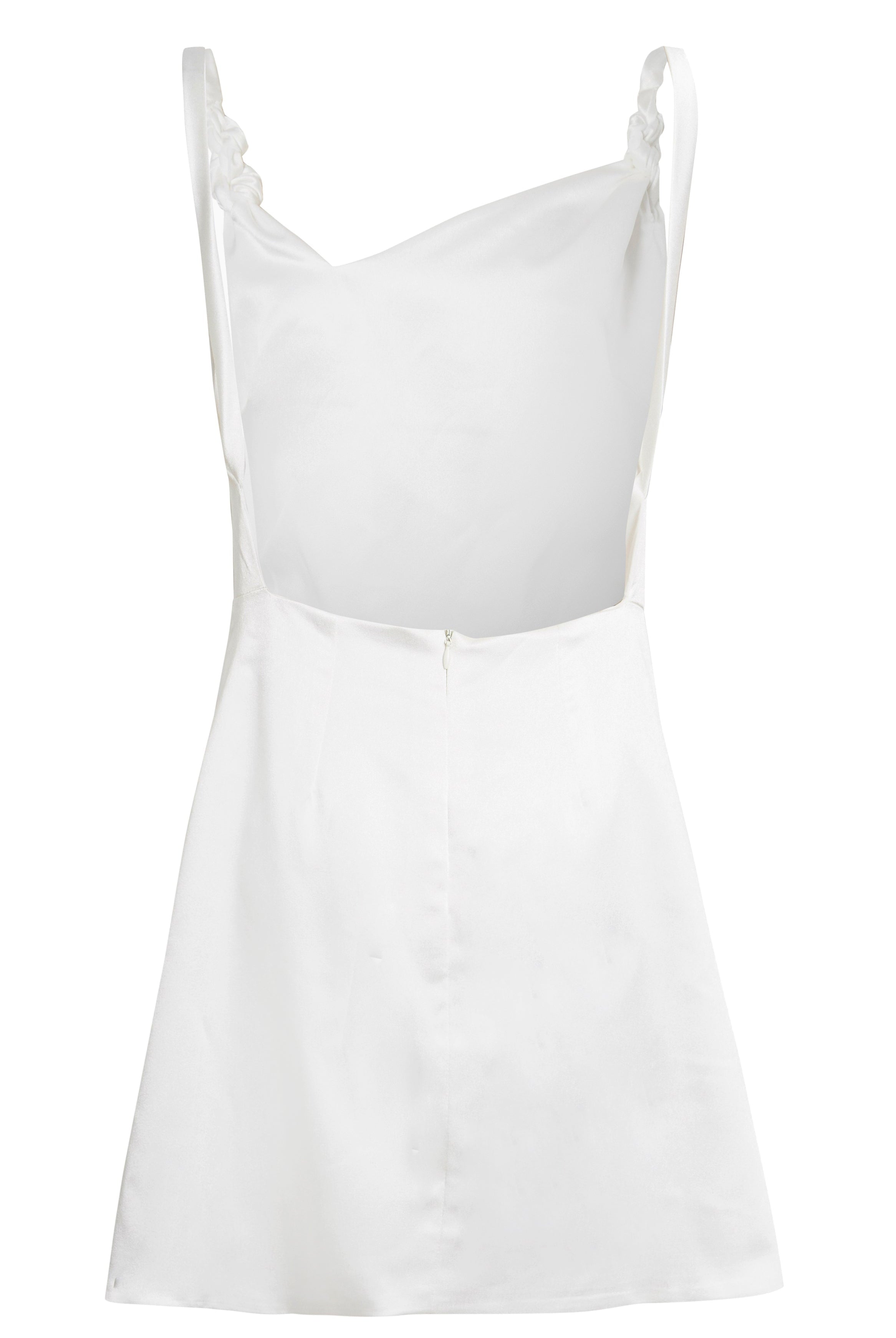 The Sarvin A-Line Mini Slip Dress features a minimal ivory white design with wide straps, fitted waist, flared skirt, and visible center seam—perfect for effortless style.
