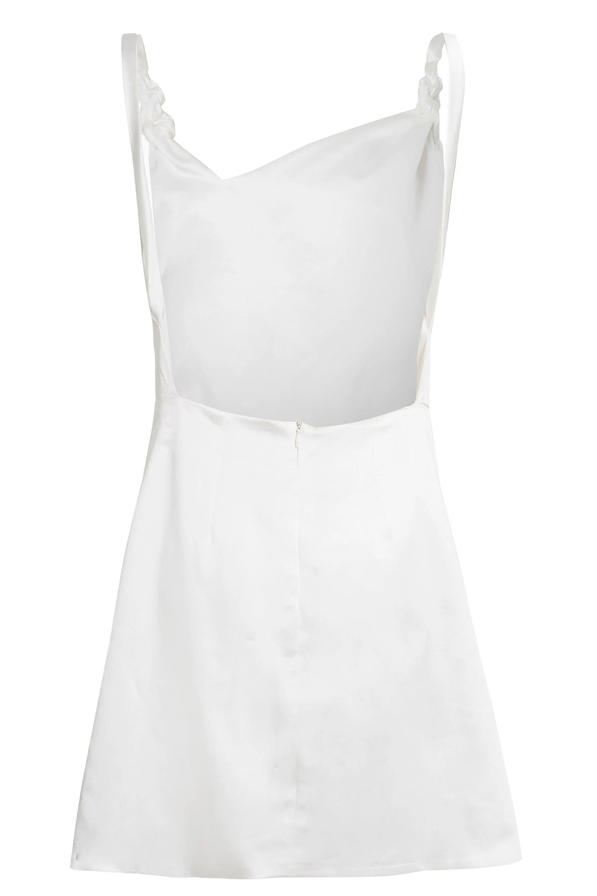 The Sarvin Ivory Satin A-Line Backless Mini Slip Dress features a fitted bodice, wide shoulder straps, short skirt, and a back zipper closure.