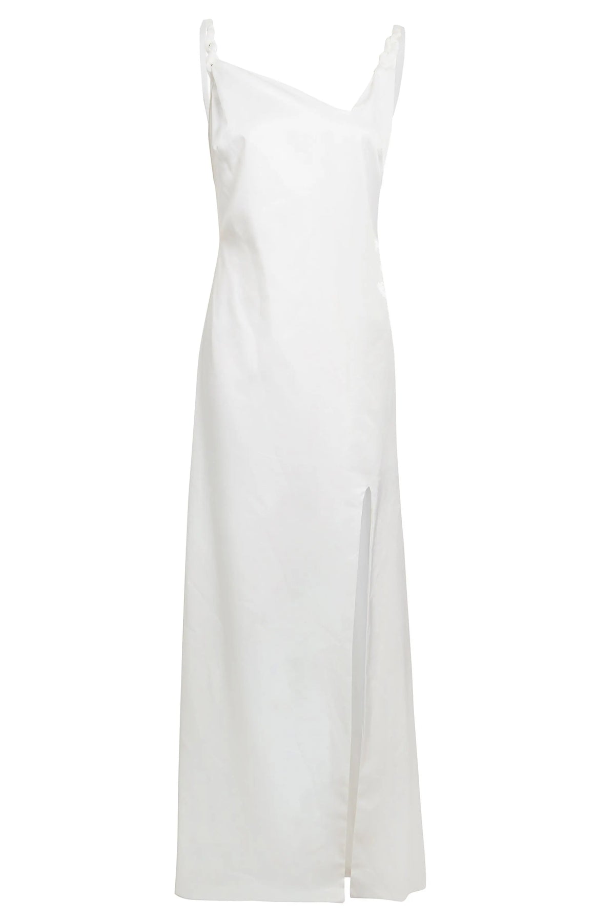 The Sarvin Ivory Satin Asymmetric Backless Maxi Dress features an asymmetric neckline, thin straps, thigh-high front slit, straight silhouette, sleeveless design, and elegant drape—perfect for evening occasions.