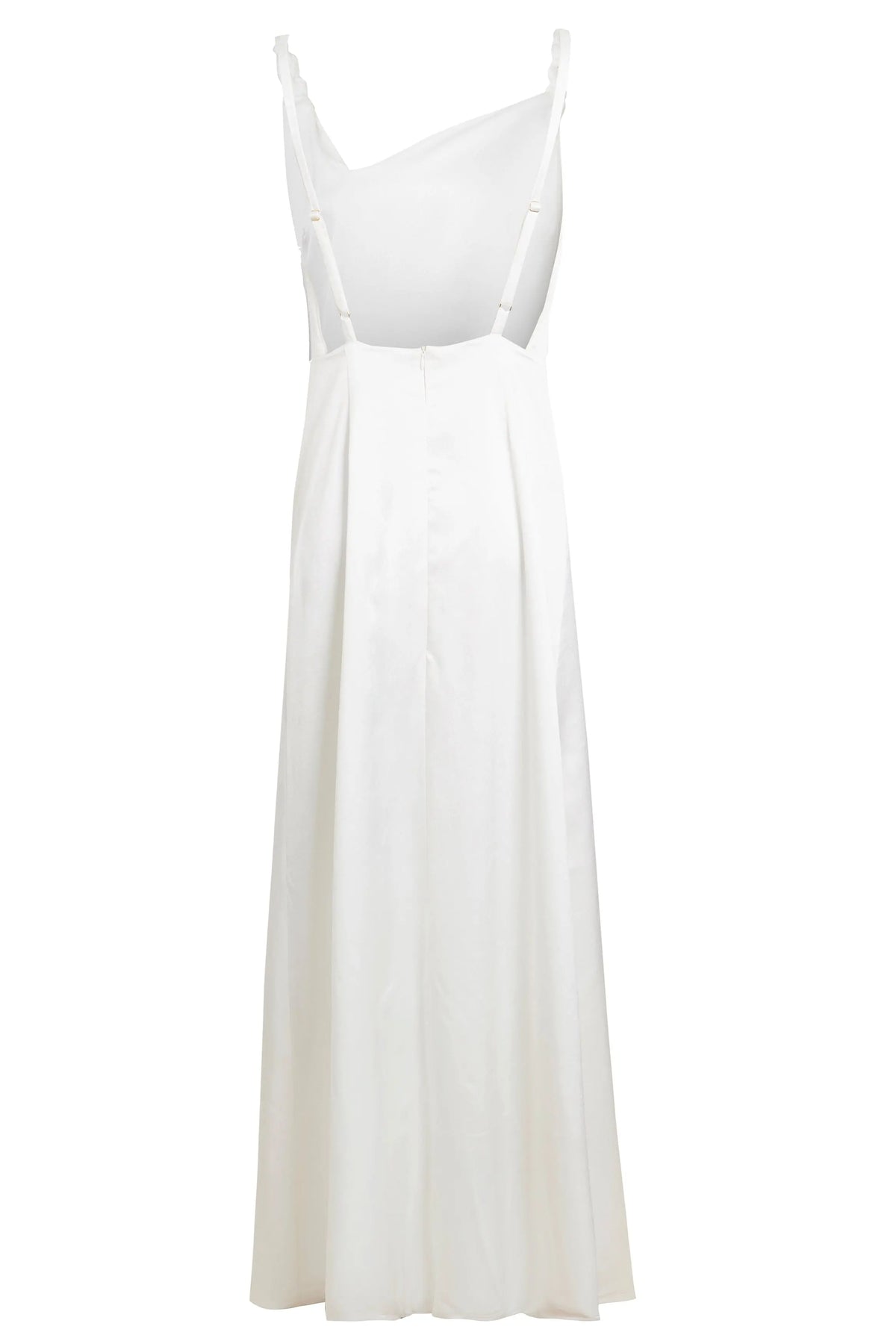 The Sarvin Ivory Satin Asymmetric Backless Maxi Dress features a fitted bodice, thin straps, and a long, slightly flared skirt, shown against a plain background.