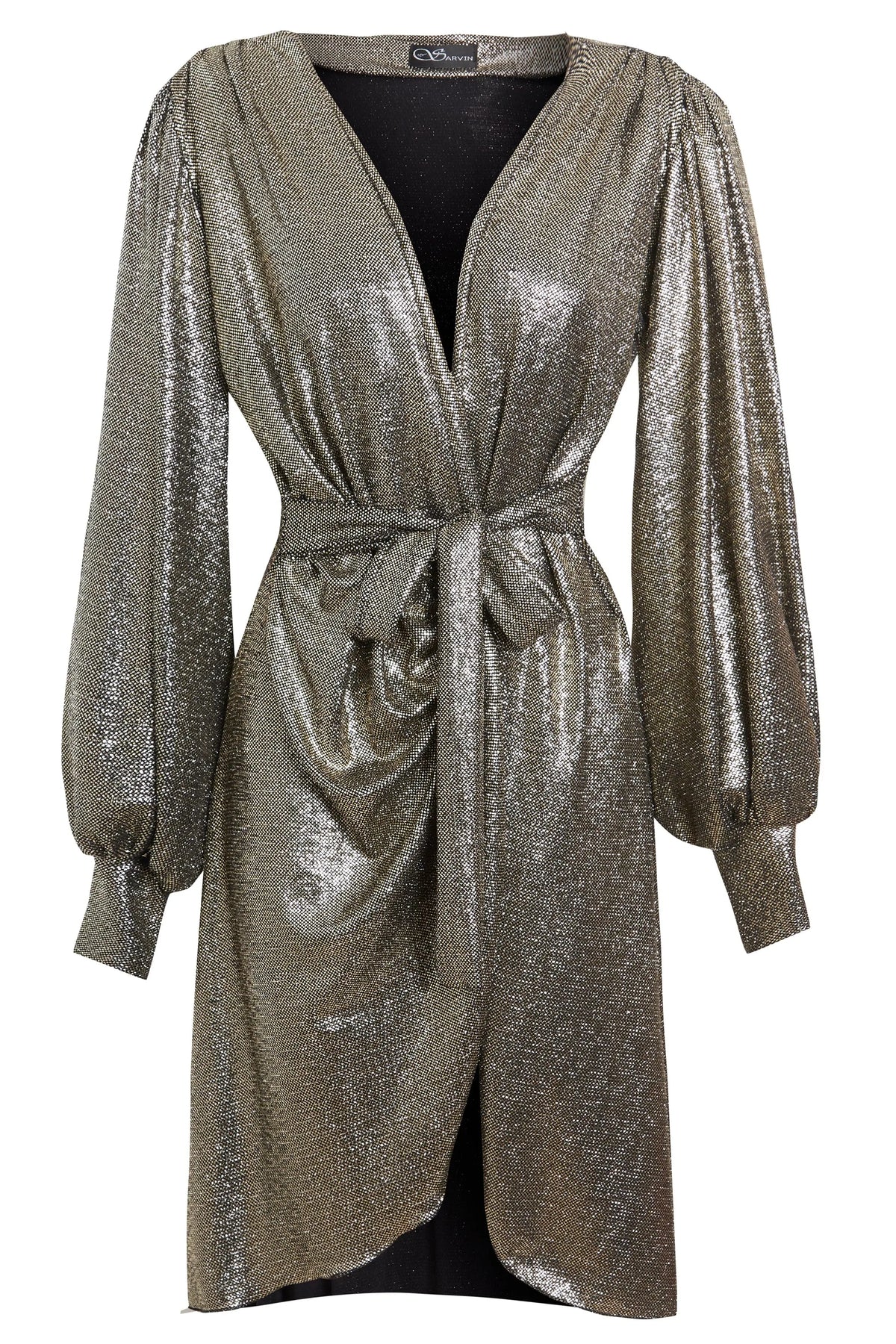 The Sarvin Long Sleeve Sequin Wrap Dress is a knee-length metallic silver evening dress featuring a deep V-neck, gathered waist with matching belt, draped front, subtle puffed sleeves, and shimmering textured fabric for a radiant look.