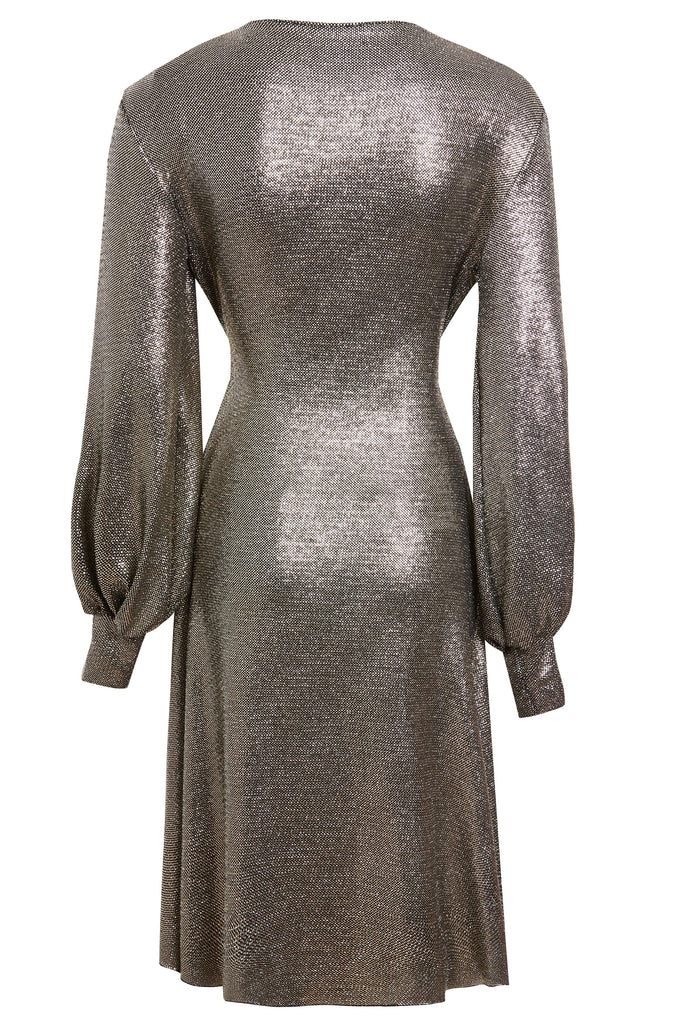 the back view of a Sarvin Sequin Wrap Dress.