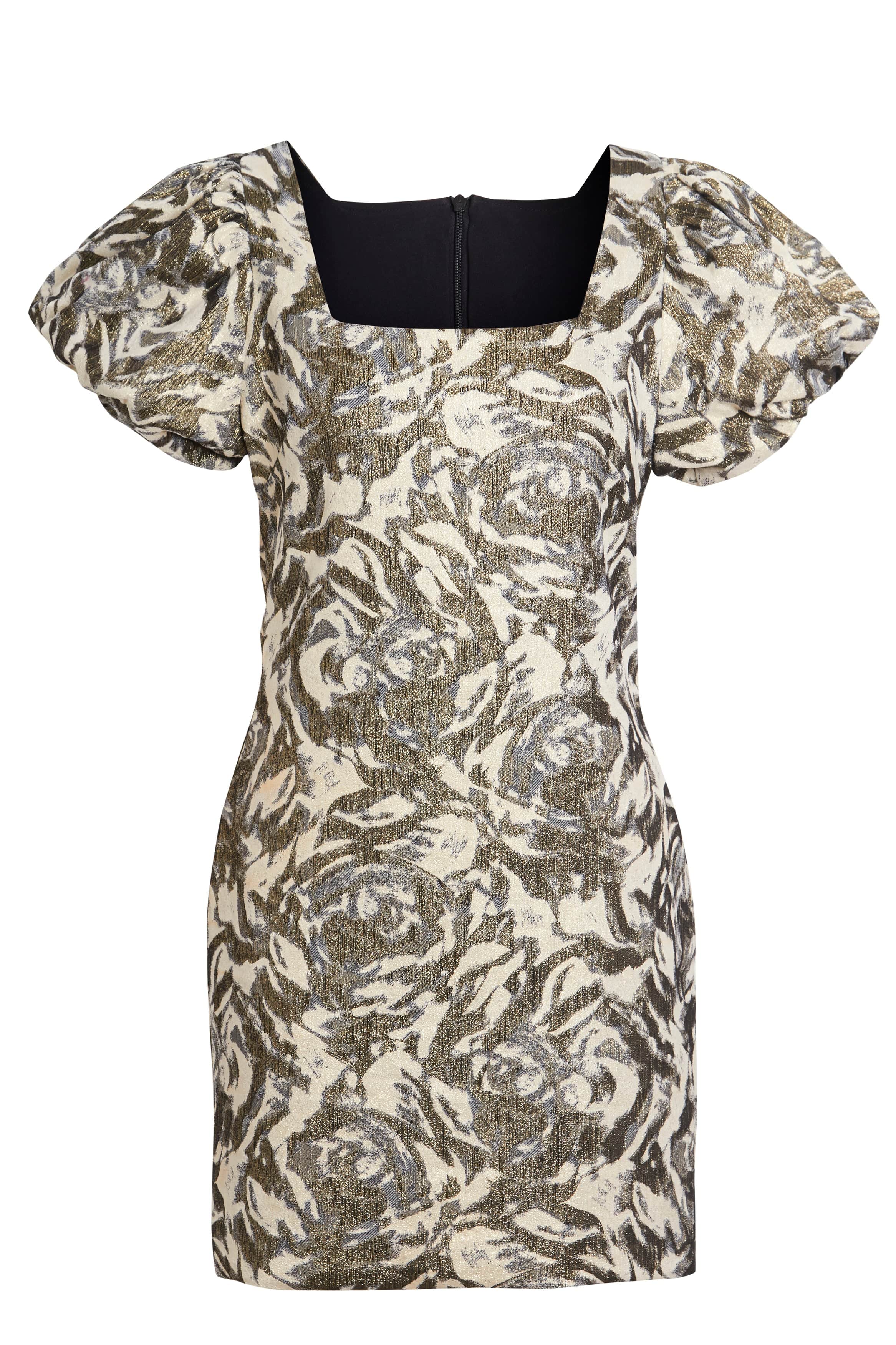 The Sarvin Puff Shoulder Mini Dress features a golden jacquard with abstract gold, silver, and cream floral patterns, puffed short sleeves, a square neckline, fitted silhouette, and a back zipper closure.