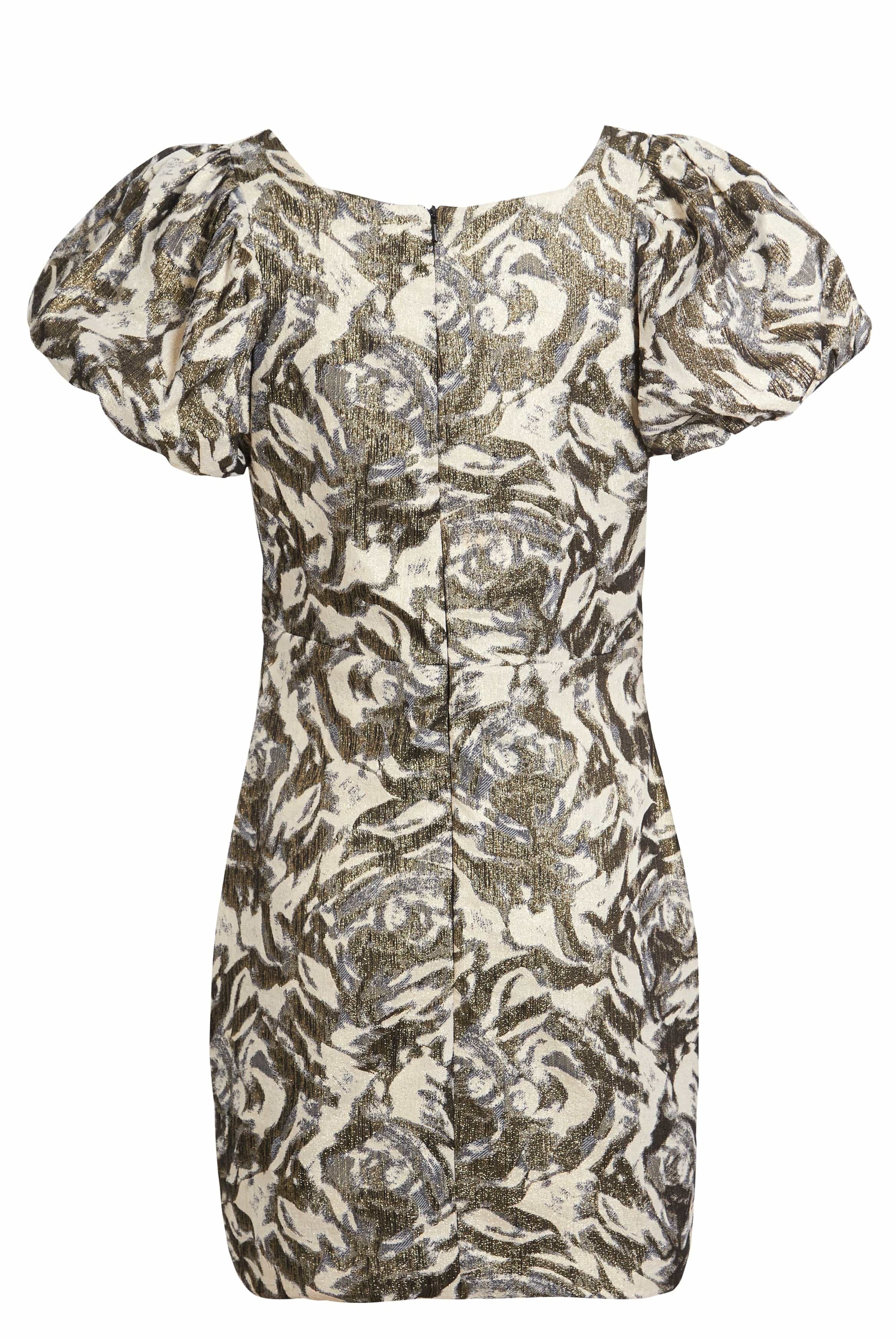 The Sarvin Puff Shoulder Mini Dress features puffed short sleeves, a golden floral jacquard swirl pattern in gold and silver on cream, a fitted silhouette, and a visible back seam.
