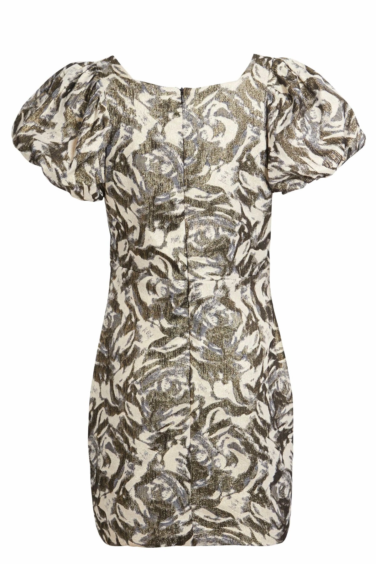 The Sarvin Puff Shoulder Mini Dress features puffed short sleeves, a golden floral jacquard swirl pattern in gold and silver on cream, a fitted silhouette, and a visible back seam.