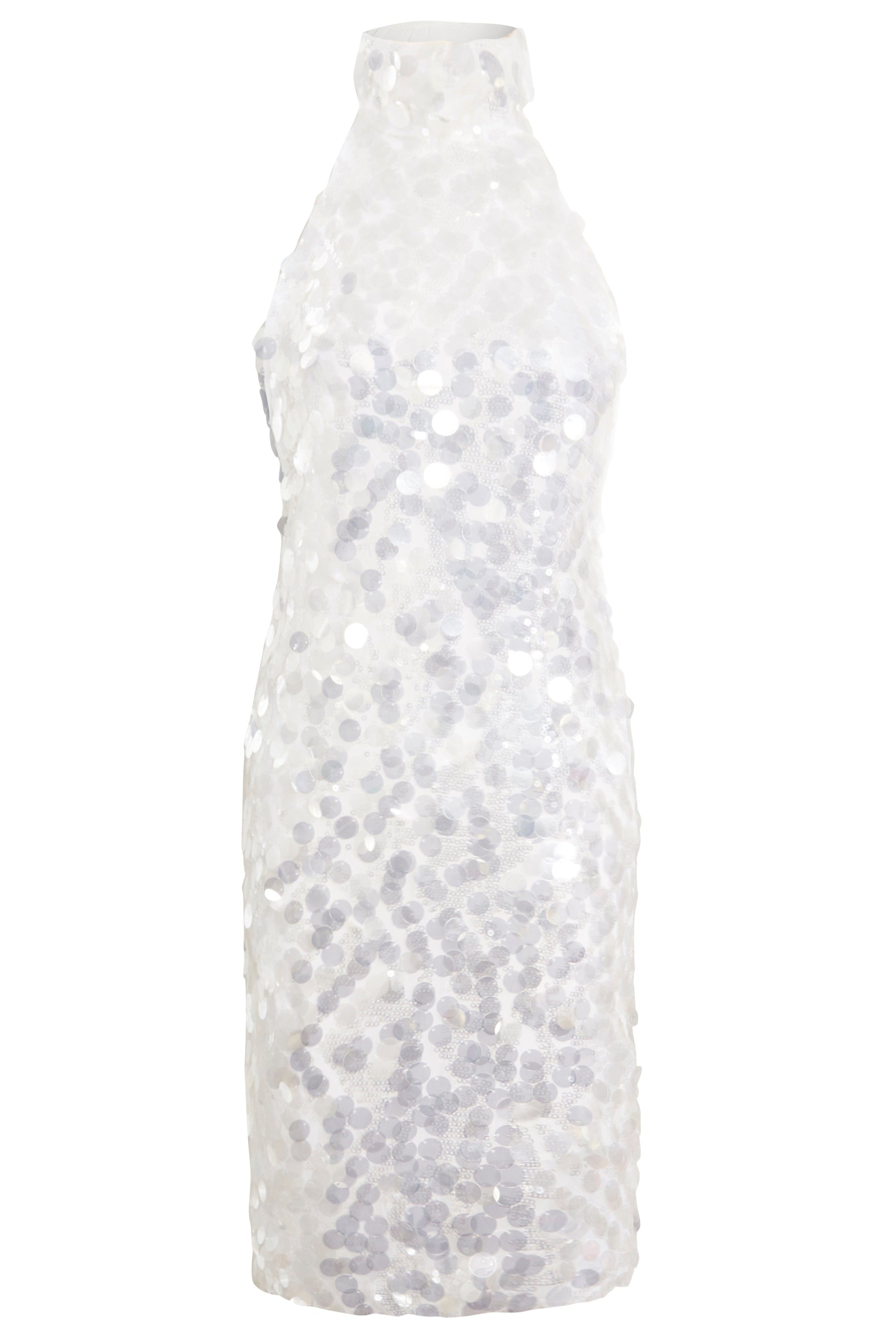 a Sarvin White Backless Mini Dress with sequins on it.