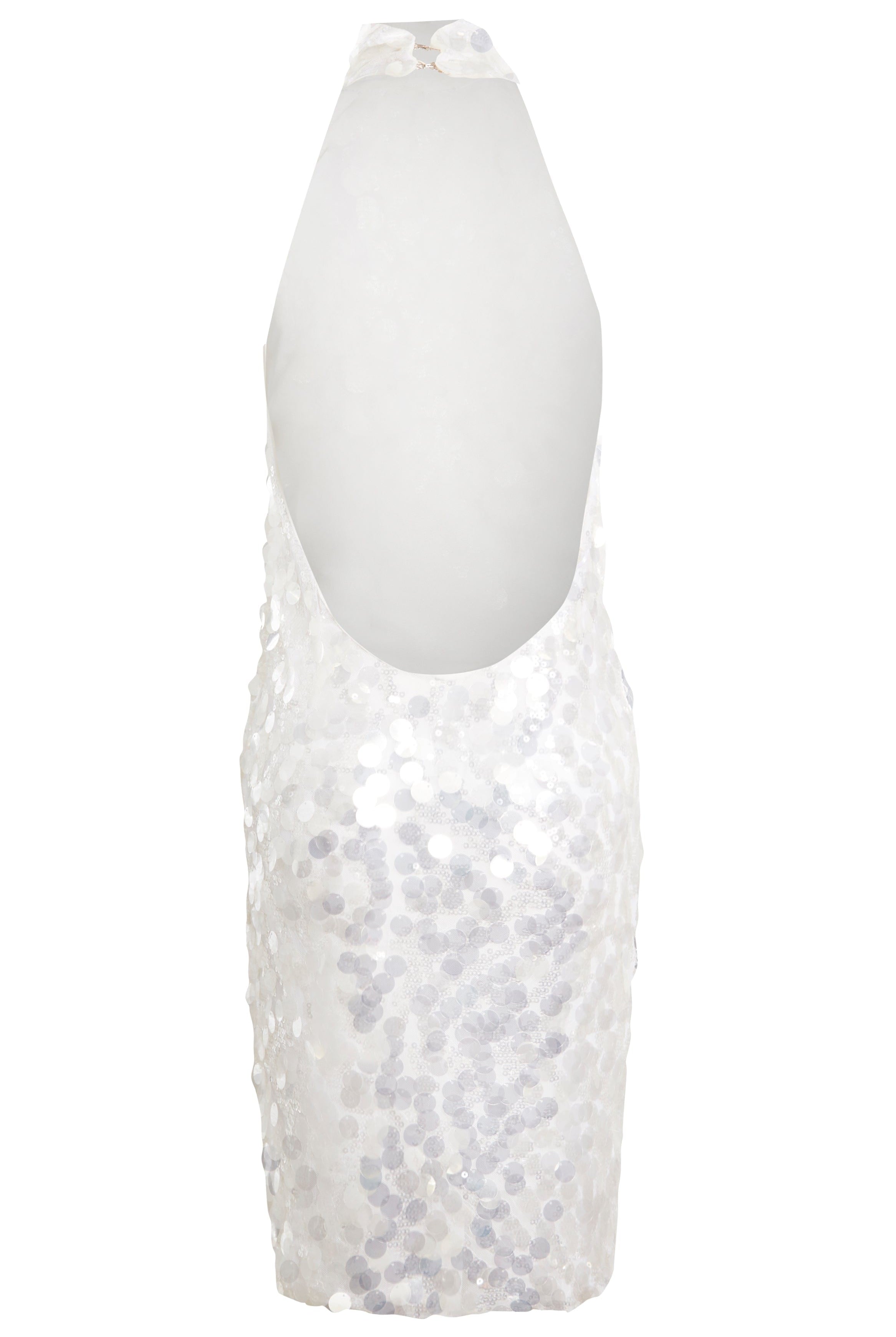 a Sarvin White Backless Mini Dress on a white background.