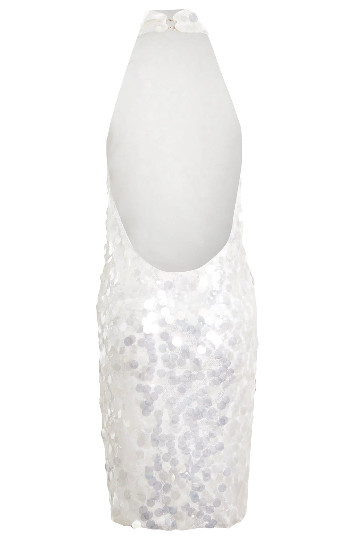 The Sarvin White Sequin Backless Mini Dress features a halter neckline and low open back, adorned with large round sequins for a shiny, textured look—perfect for parties.