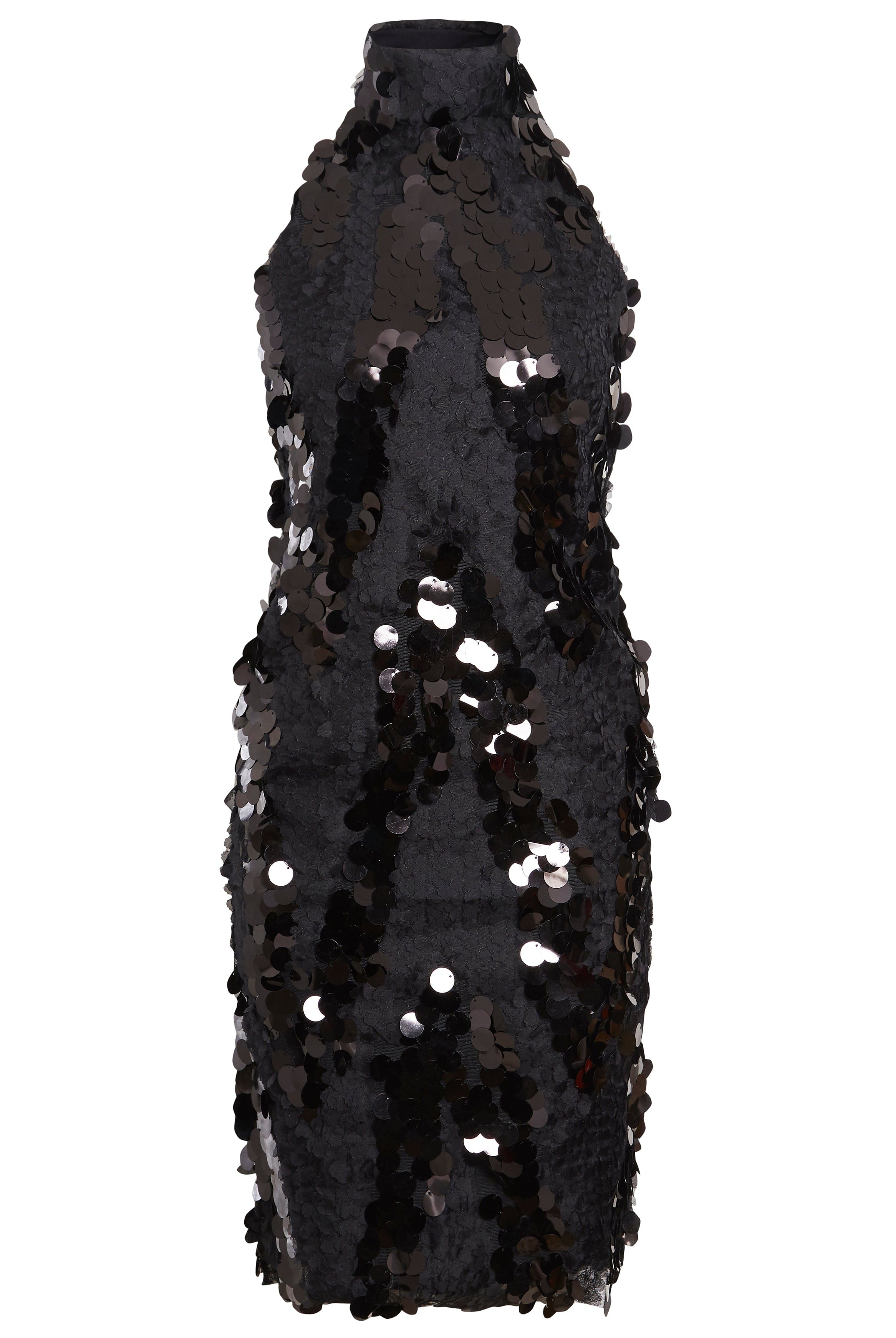 The Sarvin Sparkly Black Mini Dress is a sleeveless halter-neck sequin dress with large scattered sequins and a fitted silhouette—perfect for making a statement at any party.