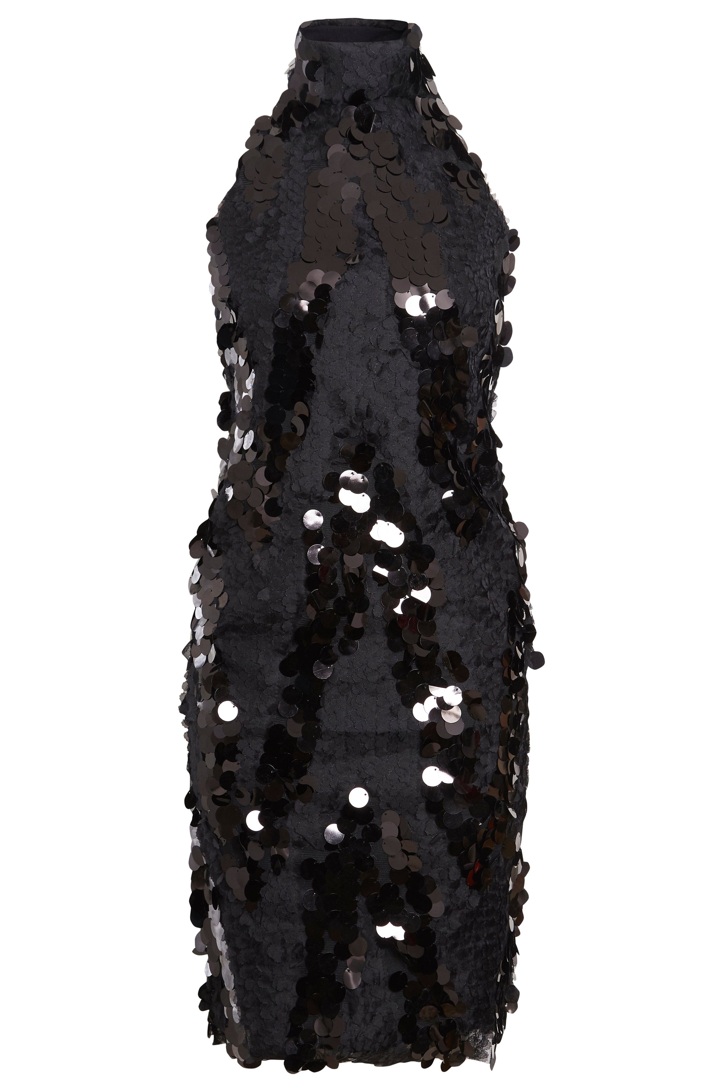 The Sarvin Sparkly Black Mini Dress is a sleeveless halter-neck sequin dress with large scattered sequins and a fitted silhouette—perfect for making a statement at any party.