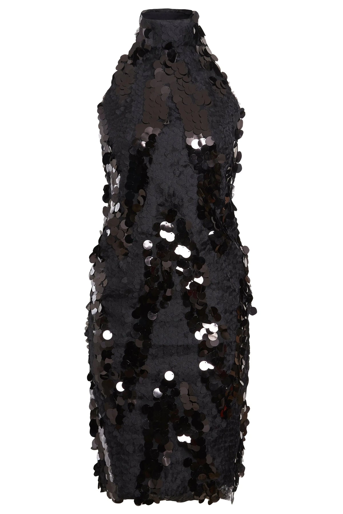The Sarvin Black Backless Sequin Mini Dress features a sleeveless design, high neckline, and is adorned with large, shiny black sequins scattered throughout.