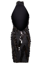 The Sarvin Sparkly Black Mini Dress is a sleeveless, fitted sequin party dress featuring a high neckline, large open back, and shiny circular sequins for an eye-catching look.
