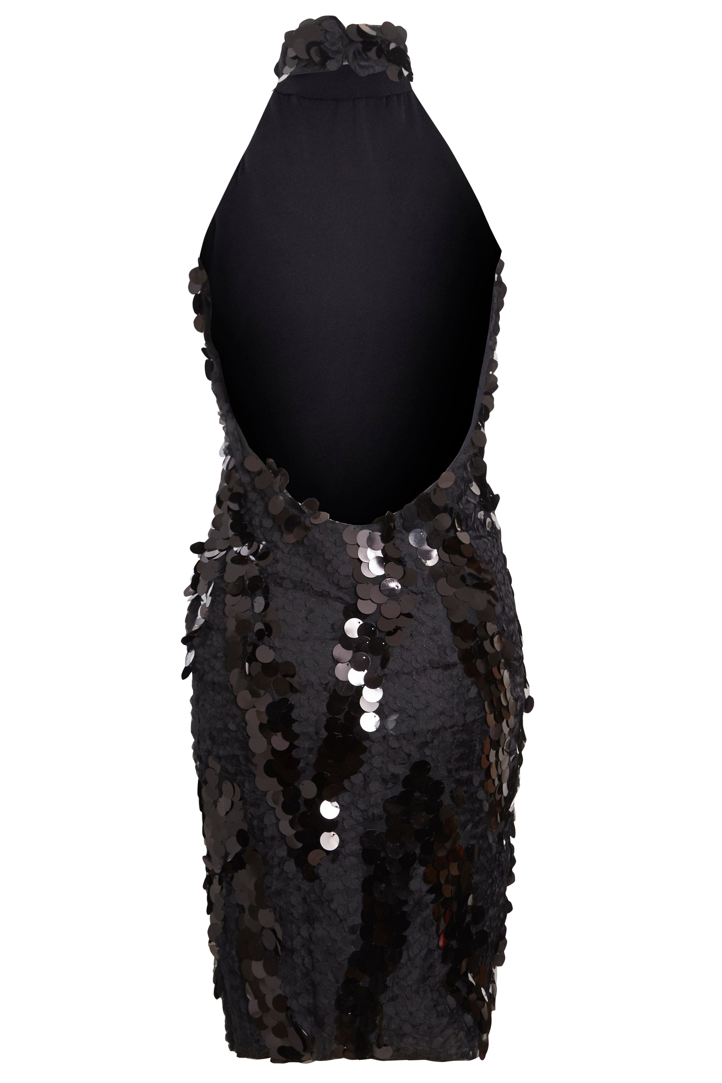 The Sarvin Sparkly Black Mini Dress is a sleeveless, fitted sequin party dress featuring a high neckline, large open back, and shiny circular sequins for an eye-catching look.