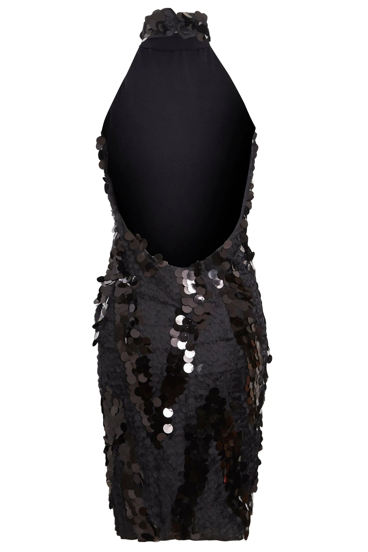 The Sarvin Black Backless Sequin Mini Dress features a halter neck, large sparkling sequins, and a low open back for a flattering silhouette that catches the light—perfect for any party.
