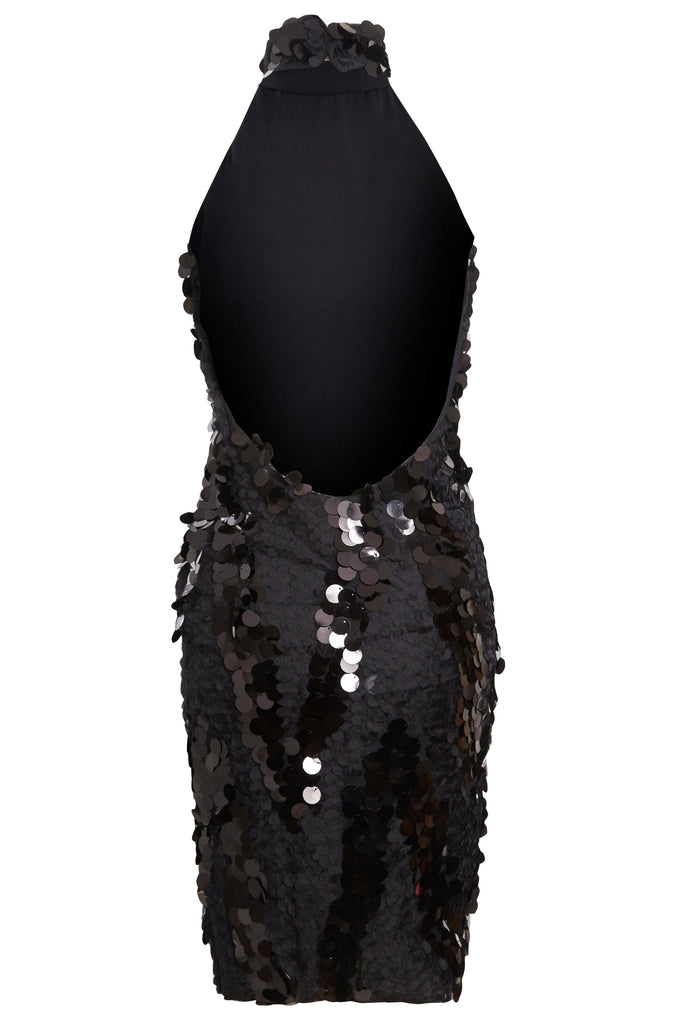the back view of a Sarvin Black Backless Sparkly Dress.