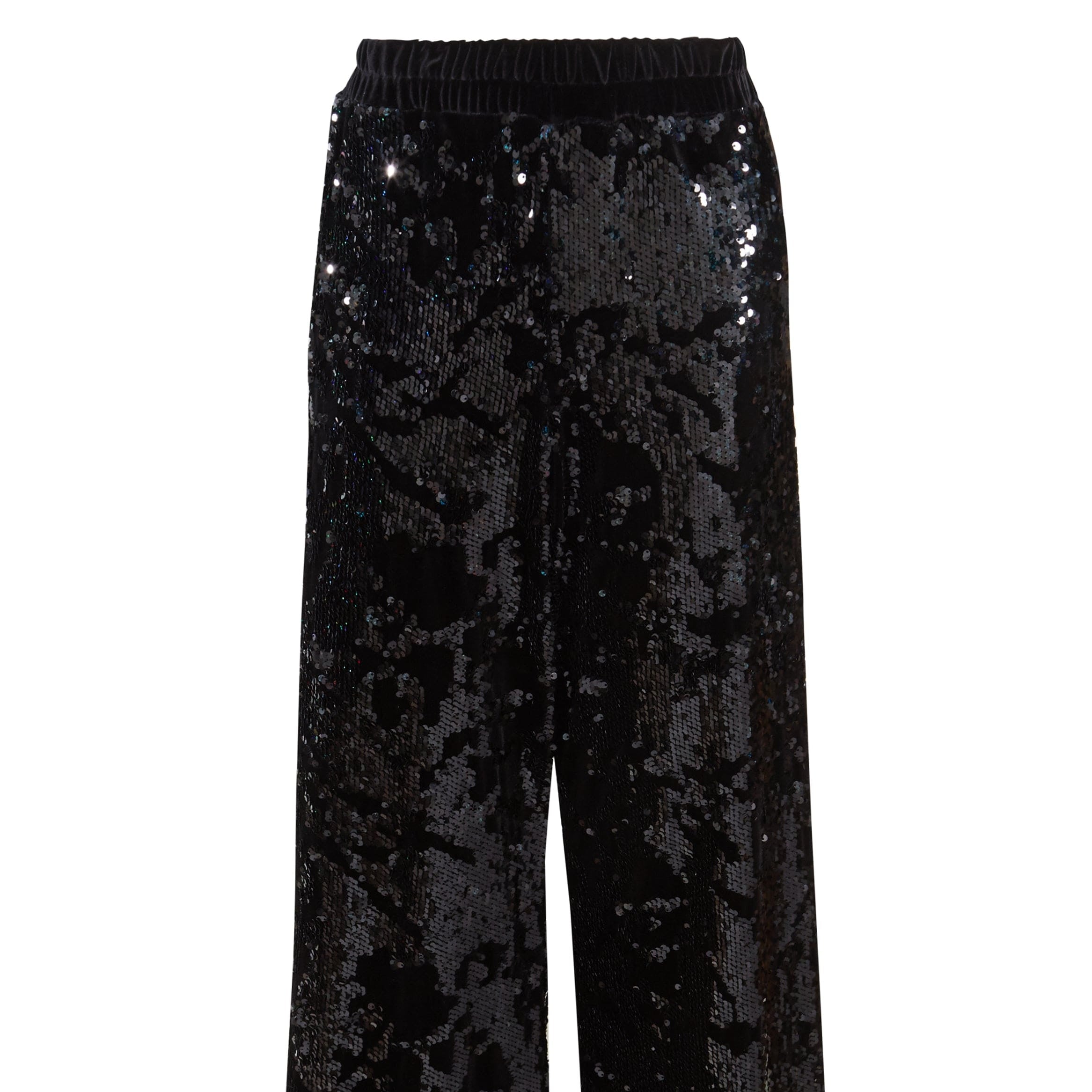 Sarvin Sequin Velvet Flared Trousers, handmade in the UK with an elastic waistband and shimmering black sequins, are showcased against a plain white background.
