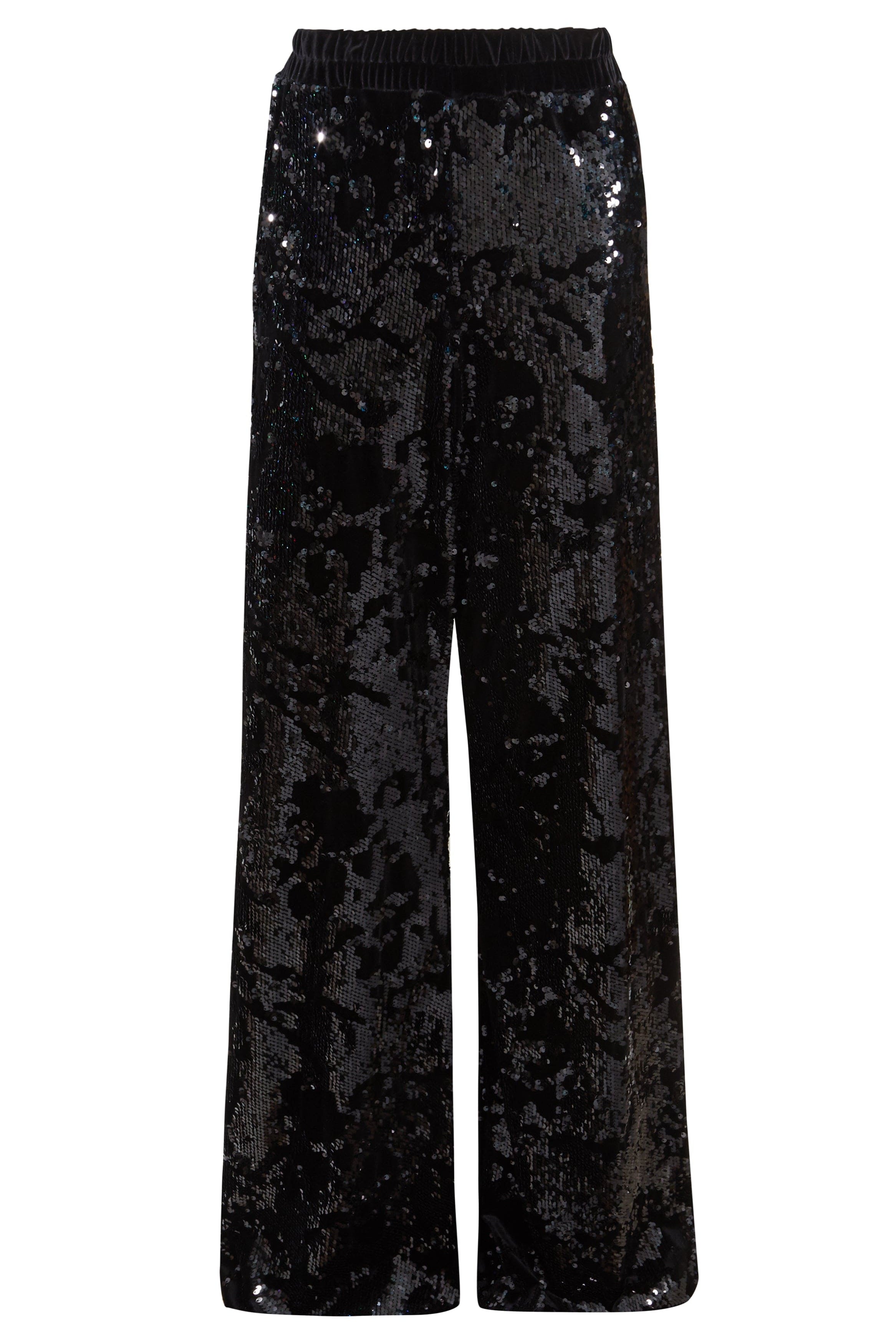 Sarvin Sequin Velvet Flared Trousers, handmade in the UK with an elastic waistband and shimmering black sequins, are showcased against a plain white background.