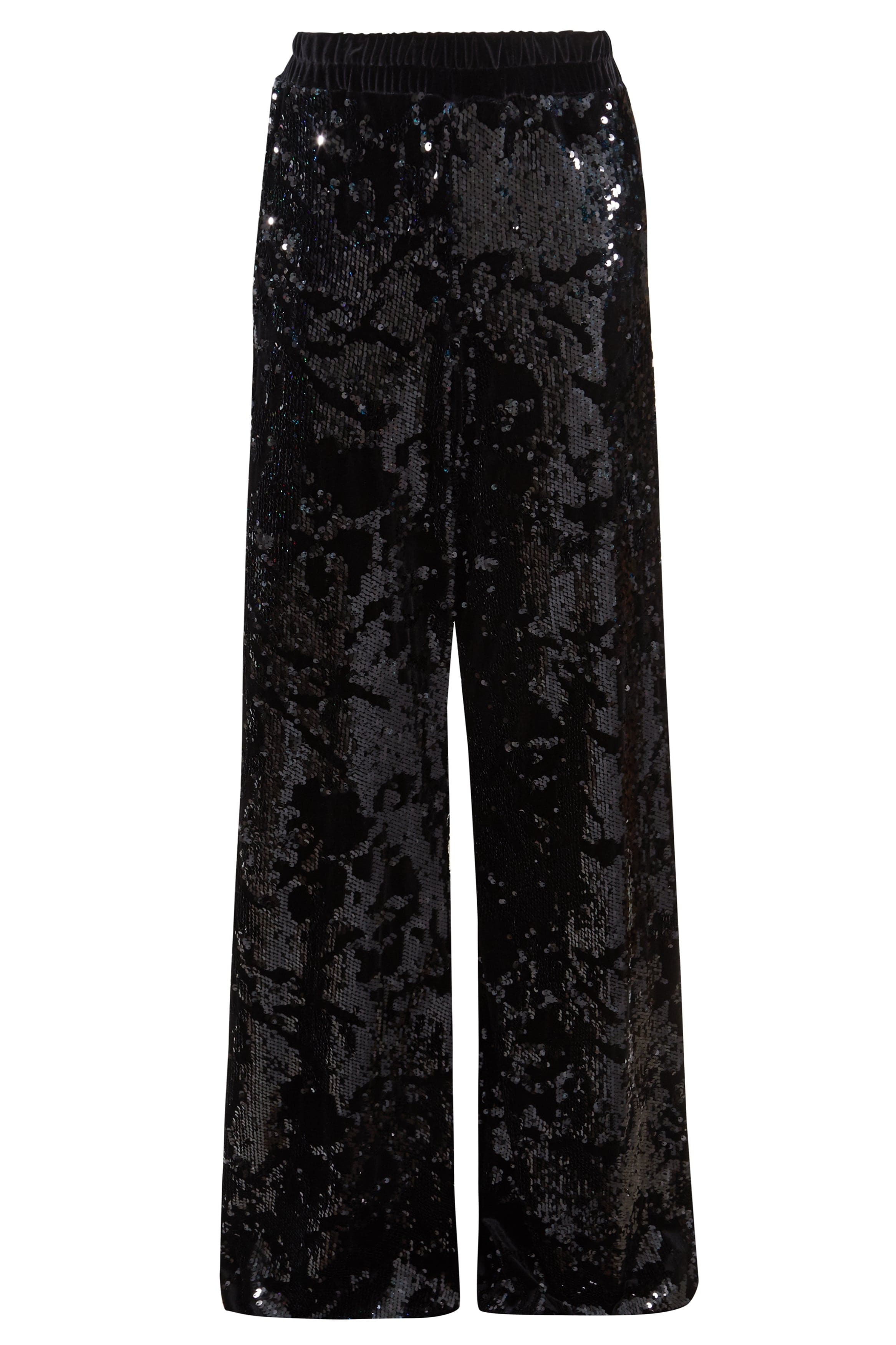 Sarvin Sequin Velvet Flared Trousers, handmade in the UK with an elastic waistband and shimmering black sequins, are showcased against a plain white background.