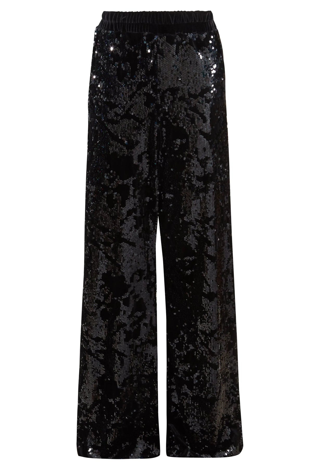 Sarvin Sequin Velvet Flared Trousers, handmade in the UK with an elastic waistband and shimmering black sequins, are showcased against a plain white background.