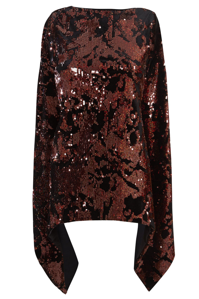 a Sparkly Brown Tie Back Top with black and red sequins by Sarvin.