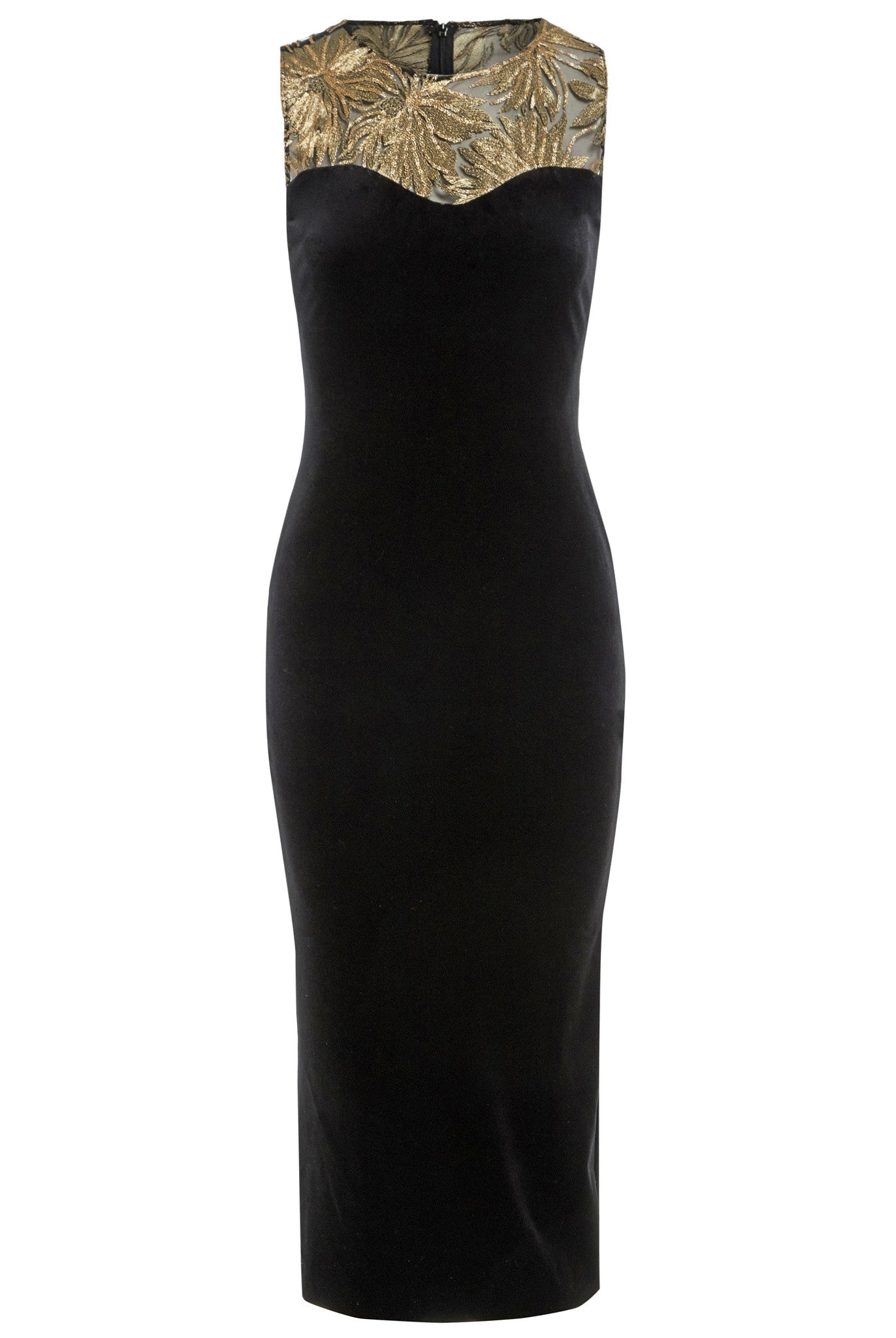 a Sarvin Sweetheart Neckline Dress with gold detailing.