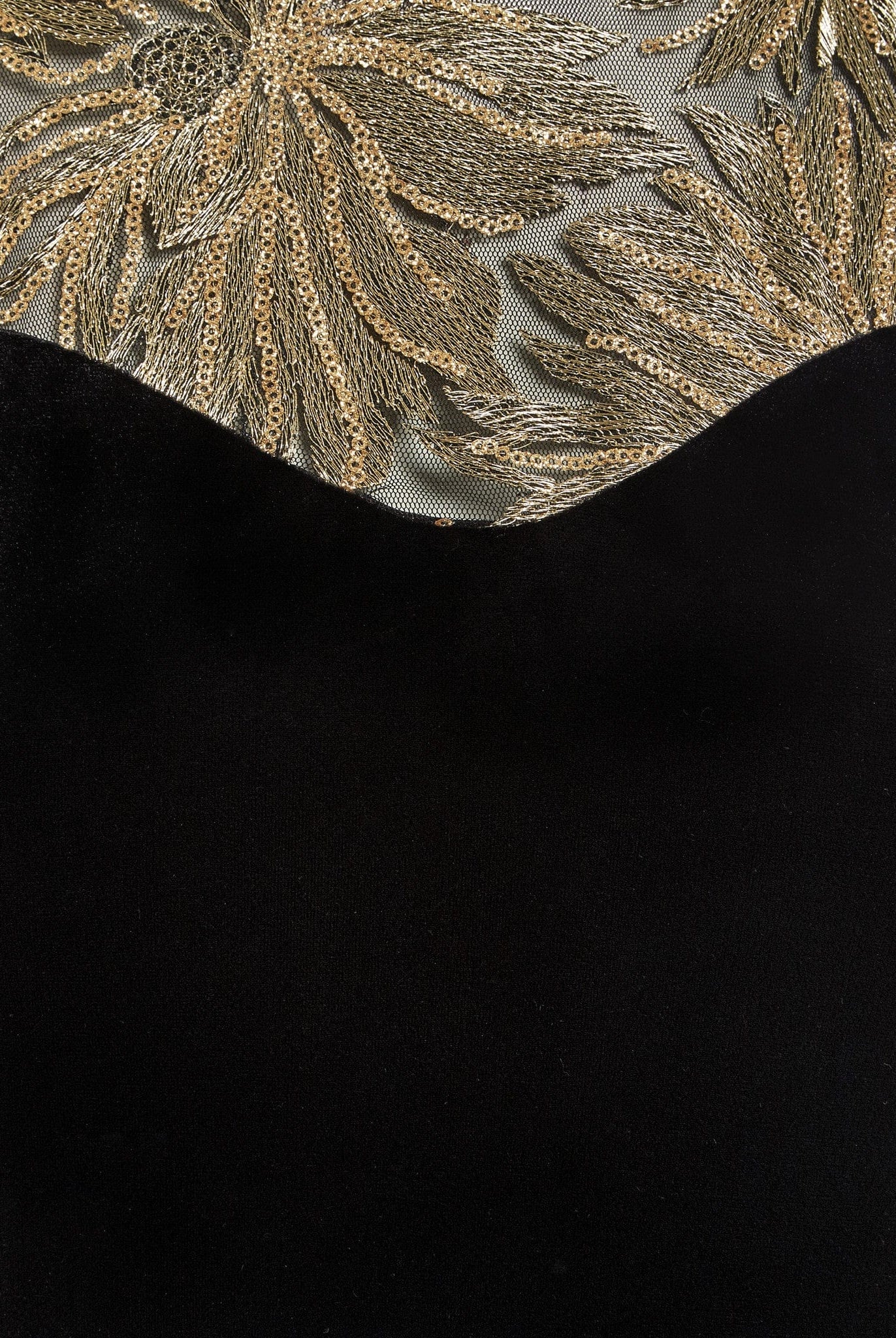 a black and gold Sweetheart Neckline Dress with embroidered leaves by Sarvin.