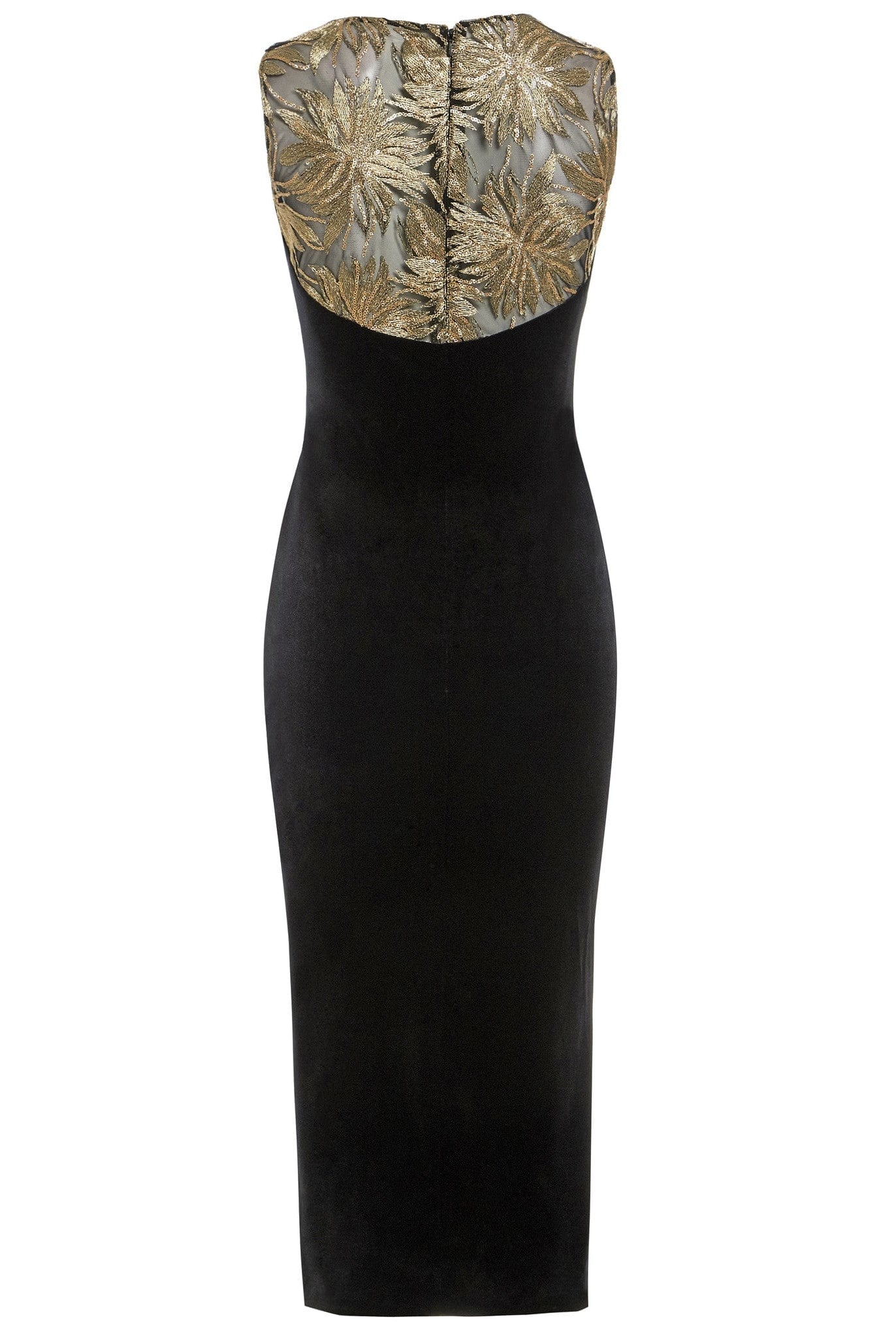the back of a Sweetheart Neckline Dress by Sarvin with gold detailing.