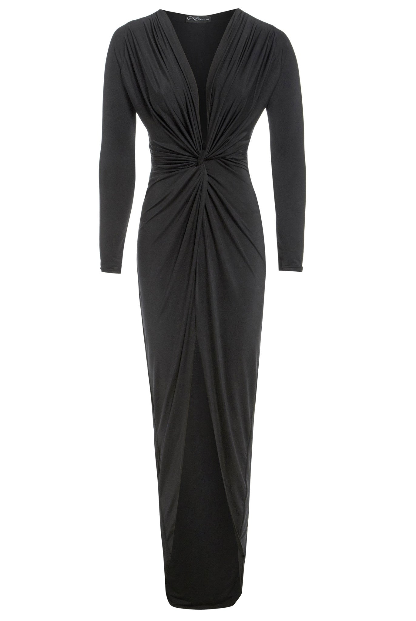 The Sarvin Black Knot Front Midi Dress features long sleeves, a deep V-neckline, gathered knot waist, and a draped front-slit skirt. Shown on a plain white background, this elegant party dress is perfect for special occasions.