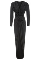 The Sarvin Black Knot Front Midi Dress features long sleeves, a deep V-neckline, gathered knot waist, and a draped front-slit skirt. Shown on a plain white background, this elegant party dress is perfect for special occasions.