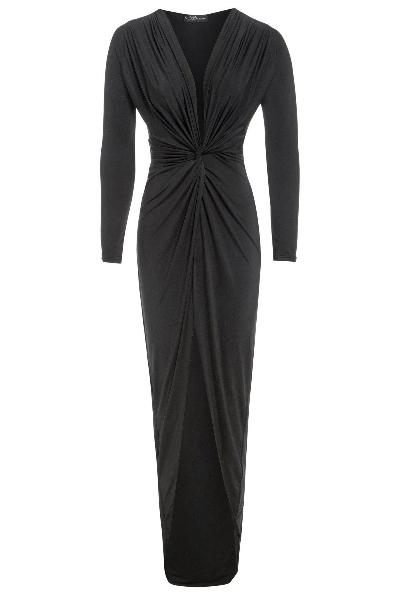 The Sarvin Black Knot Front Midi Dress features long sleeves, a deep V-neckline, gathered knot waist, and a draped front-slit skirt. Shown on a plain white background, this elegant party dress is perfect for special occasions.