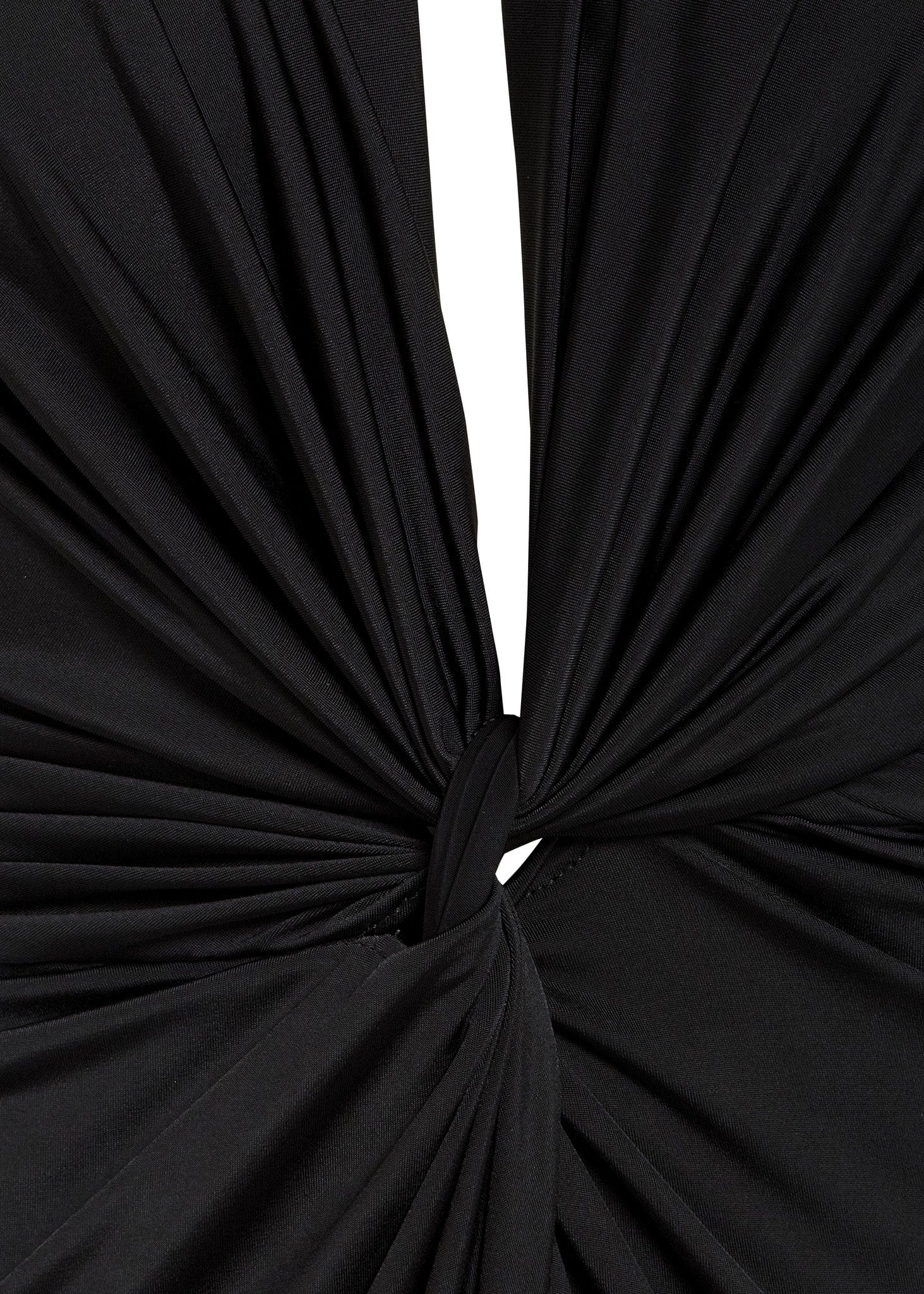 Close-up of black fabric gathered and twisted into a central knot, creating chic folds and draping—a stylish detail on the Sarvin Black Knot Front Midi Dress.
