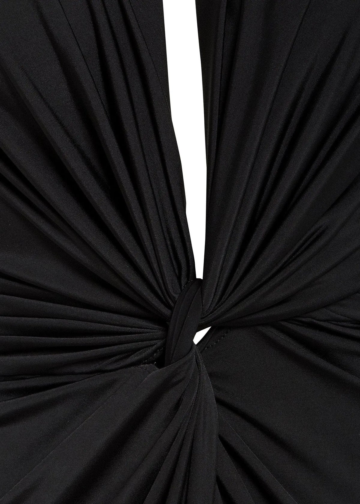 Close-up of black fabric gathered and twisted into a central knot, creating chic folds and draping—a stylish detail on the Sarvin Black Knot Front Midi Dress.