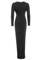 The Sarvin Black Knot Front Midi Dress features a sleek black design with a fitted waist and knot detail, offering an elegant look perfect for evening parties. The dress is midi-length with a smooth, minimalist finish shown from the back.