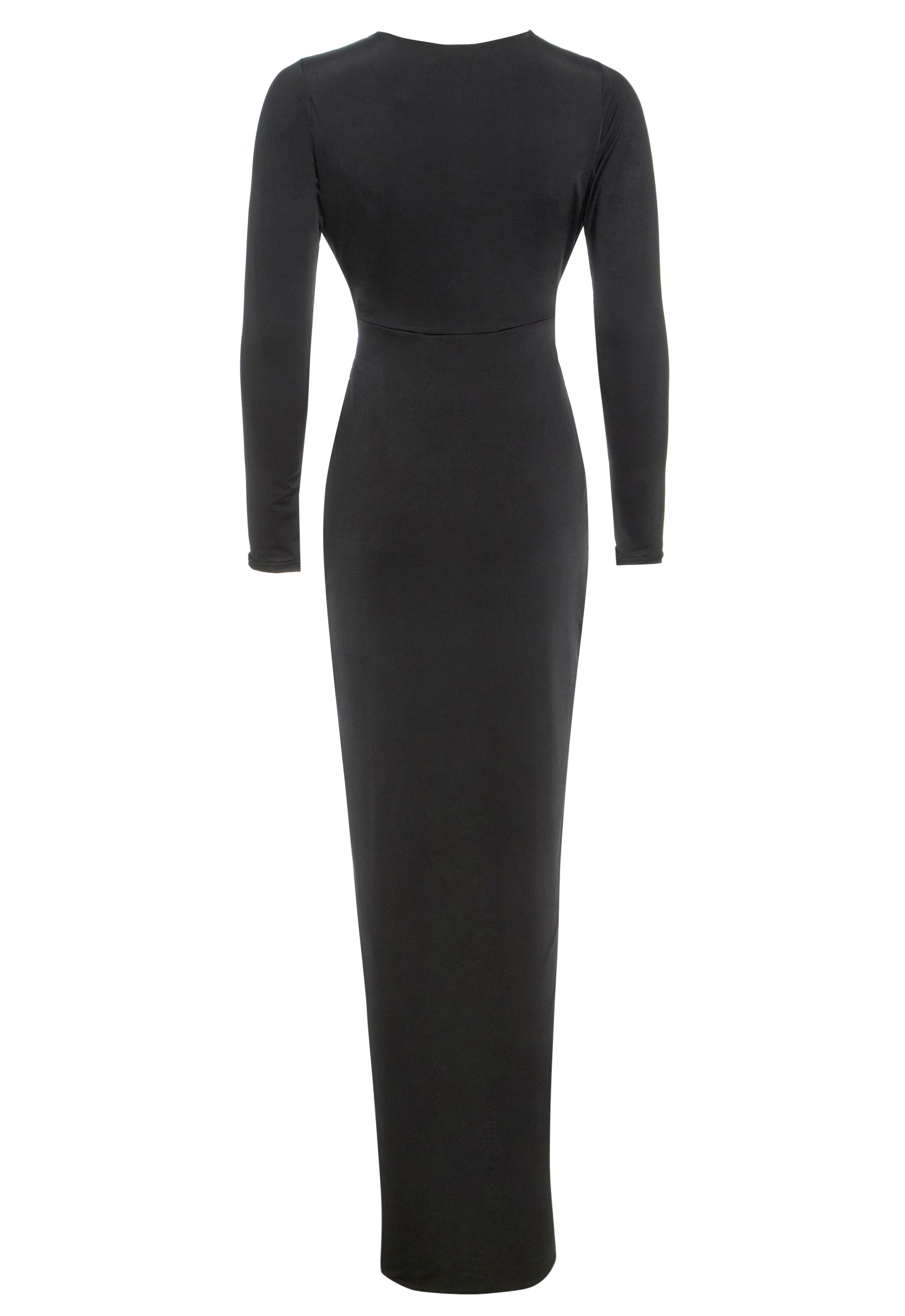 The Sarvin Black Knot Front Midi Dress features a sleek black design with a fitted waist and knot detail, offering an elegant look perfect for evening parties. The dress is midi-length with a smooth, minimalist finish shown from the back.