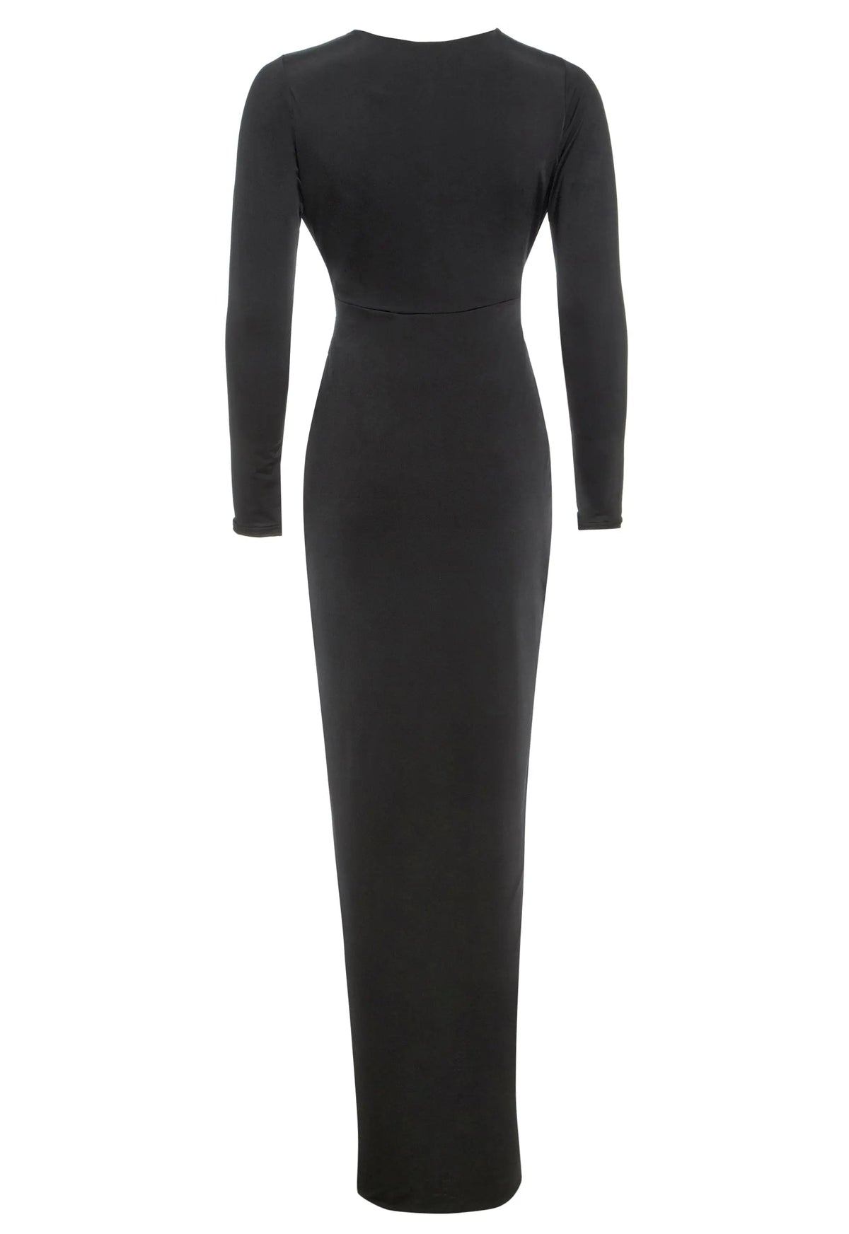 The Sarvin Black Knot Front Midi Dress features a sleek black design with a fitted waist and knot detail, offering an elegant look perfect for evening parties. The dress is midi-length with a smooth, minimalist finish shown from the back.